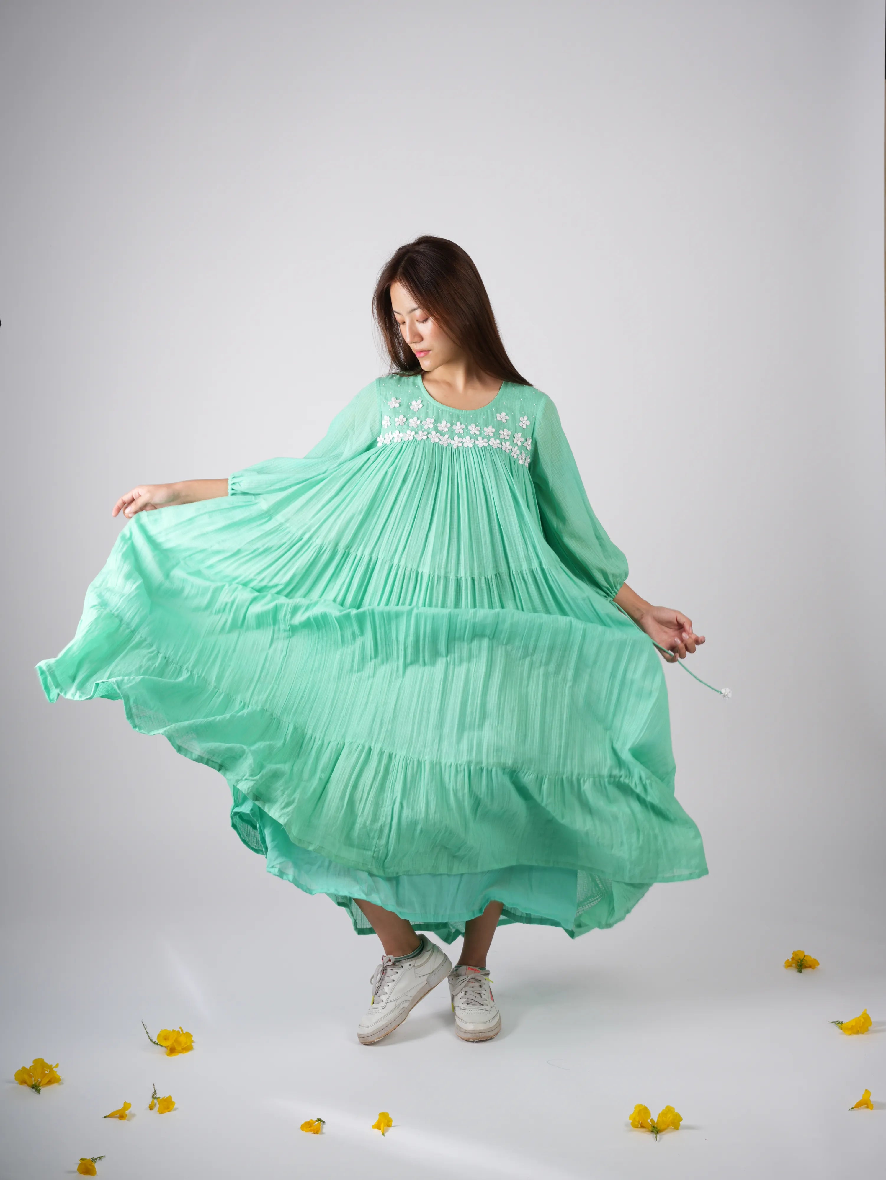 Embroidered Mint Green Dress with scrunchies