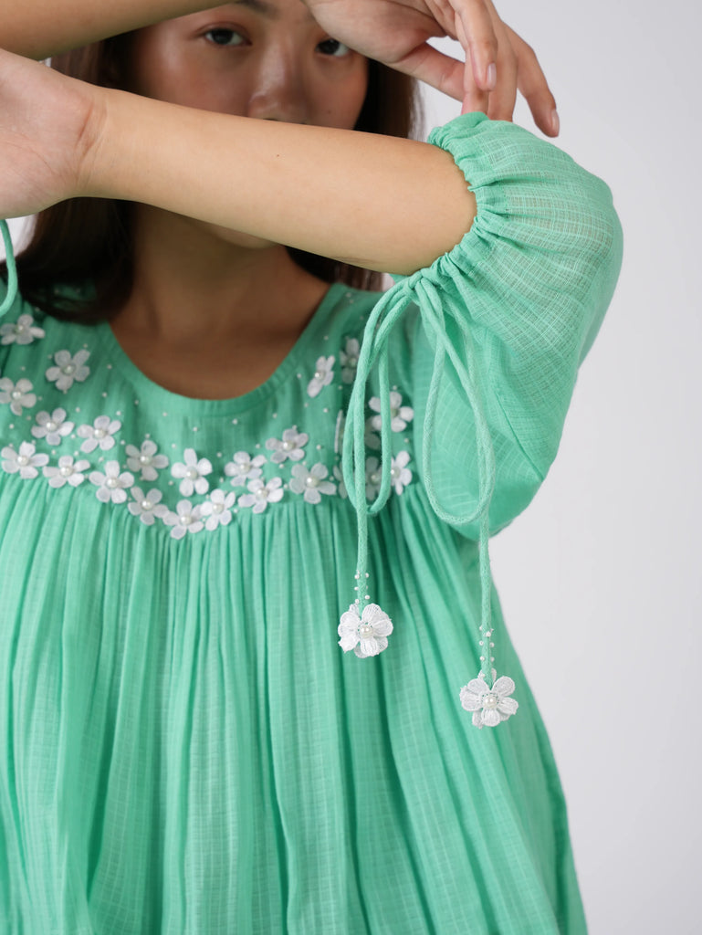 Embroidered Mint Green Dress with scrunchies