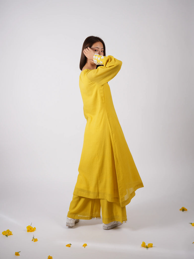 Embroidered Corn Yellow A-Line Kurta-Pant with Scrunchies