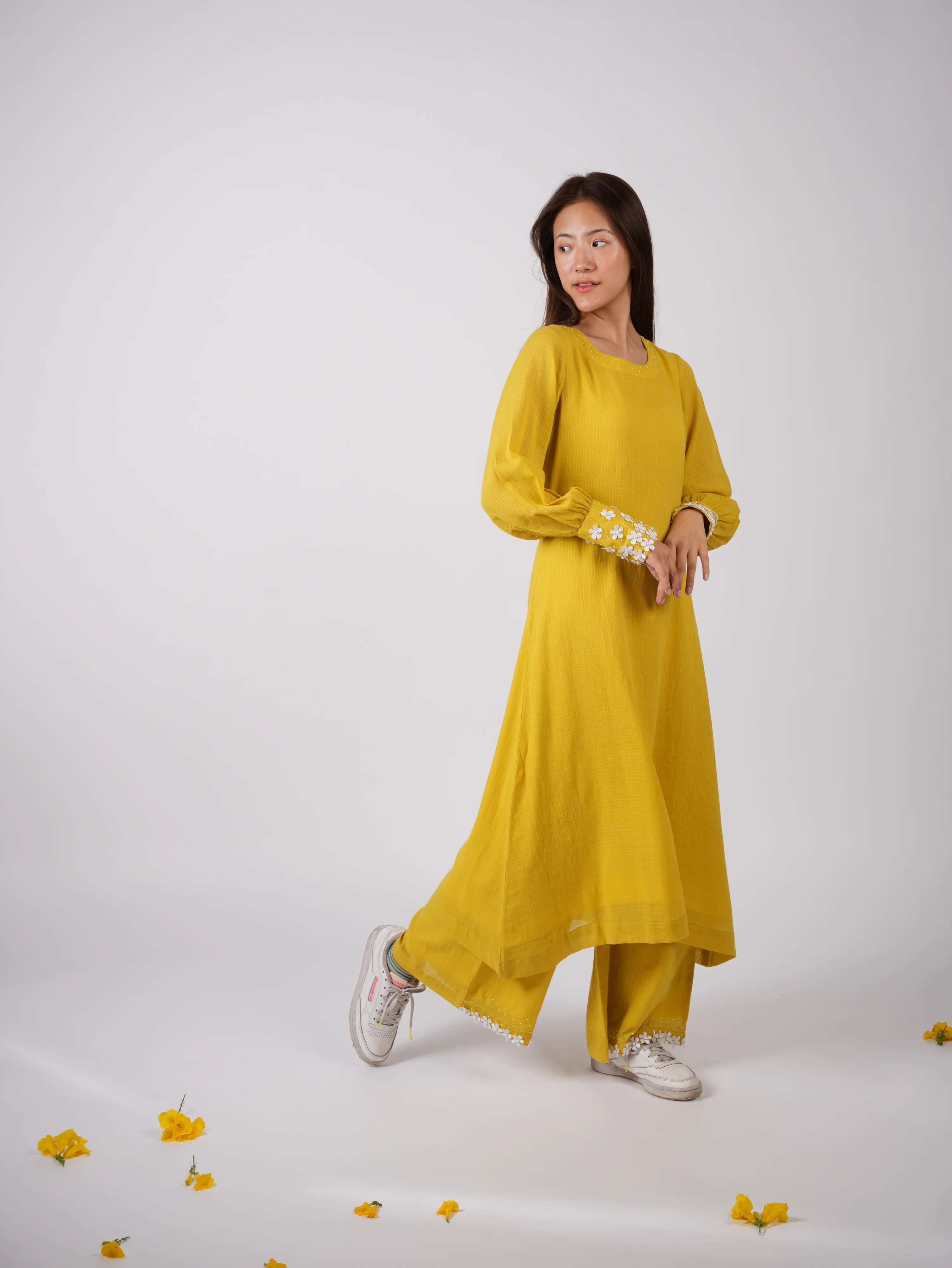 Embroidered Corn Yellow A-Line Kurta-Pant with Scrunchies