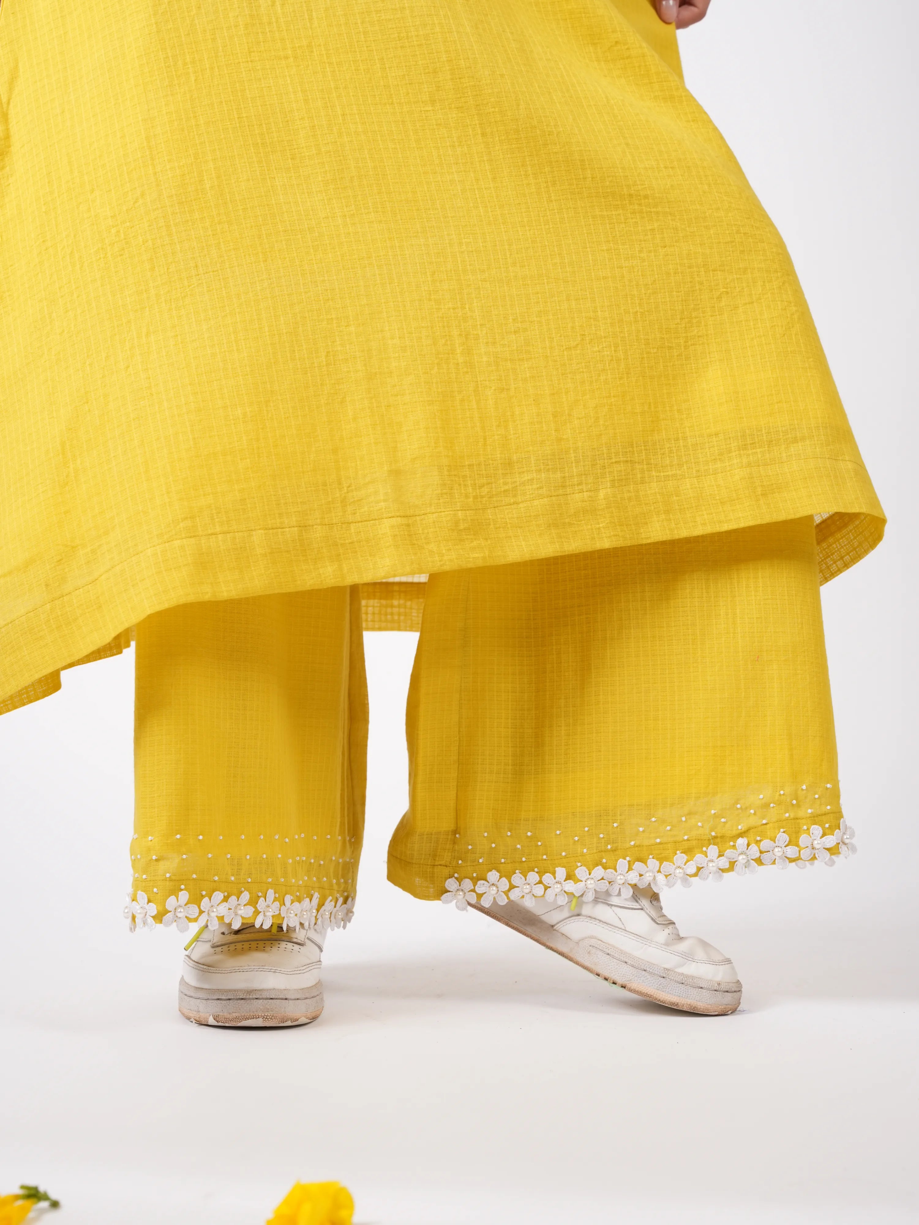 Embroidered Corn Yellow A-Line Kurta-Pant with Scrunchies