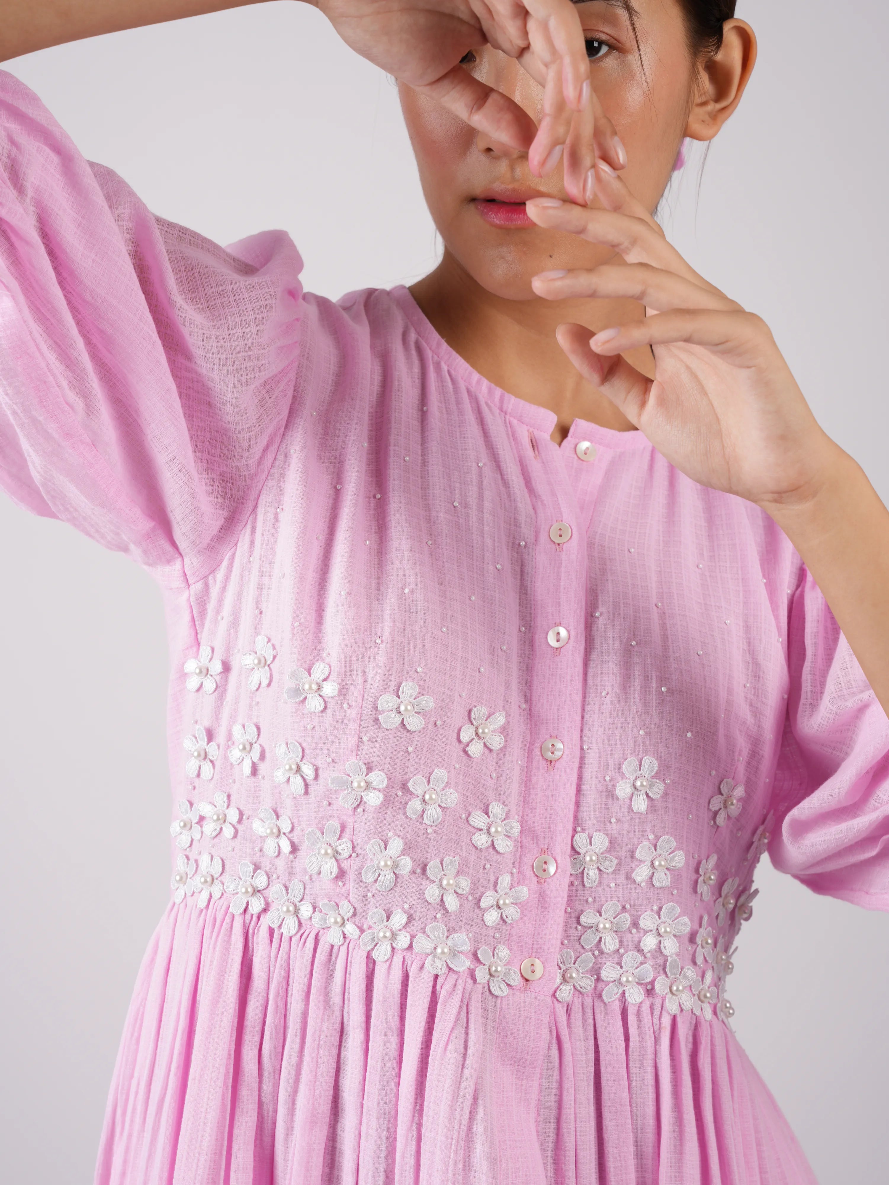 Embroidered Blush Pink kurta-Pant with Scrunchies