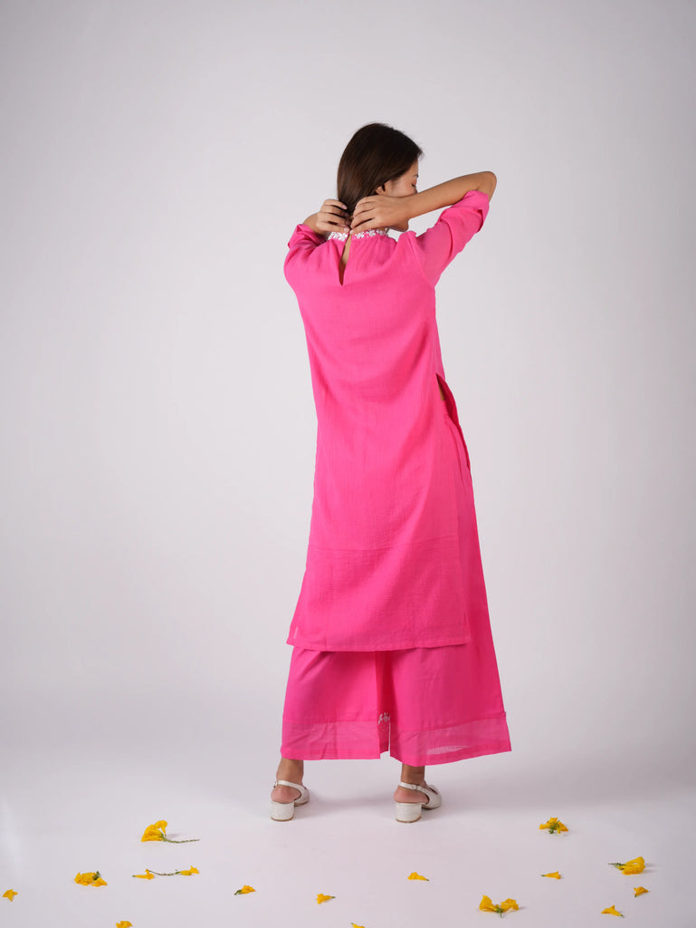 Embroidered Punch Pink kurta-pant with Scrunchies