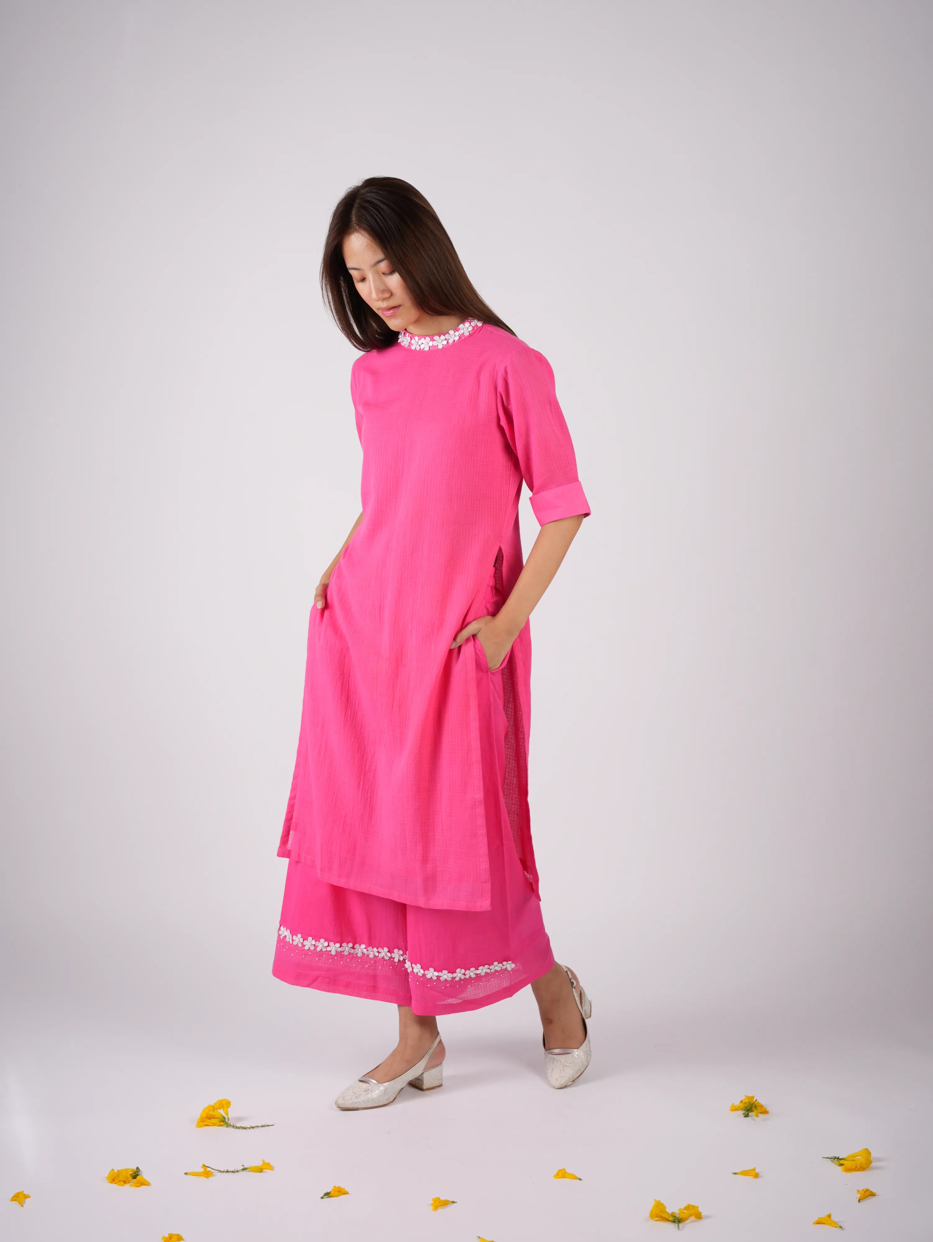 Embroidered Punch Pink kurta-pant with Scrunchies
