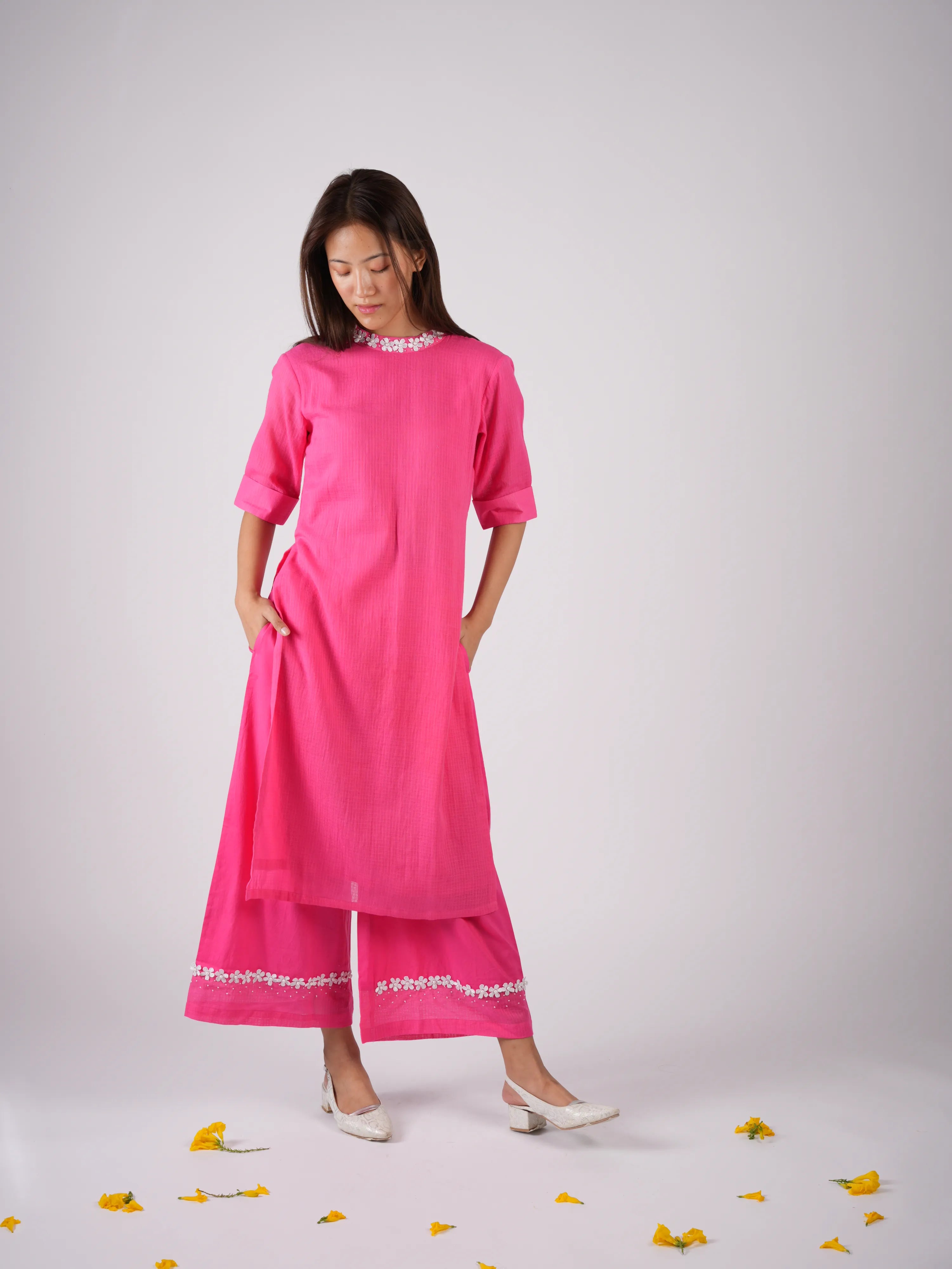 Embroidered Punch Pink kurta-pant with Scrunchies