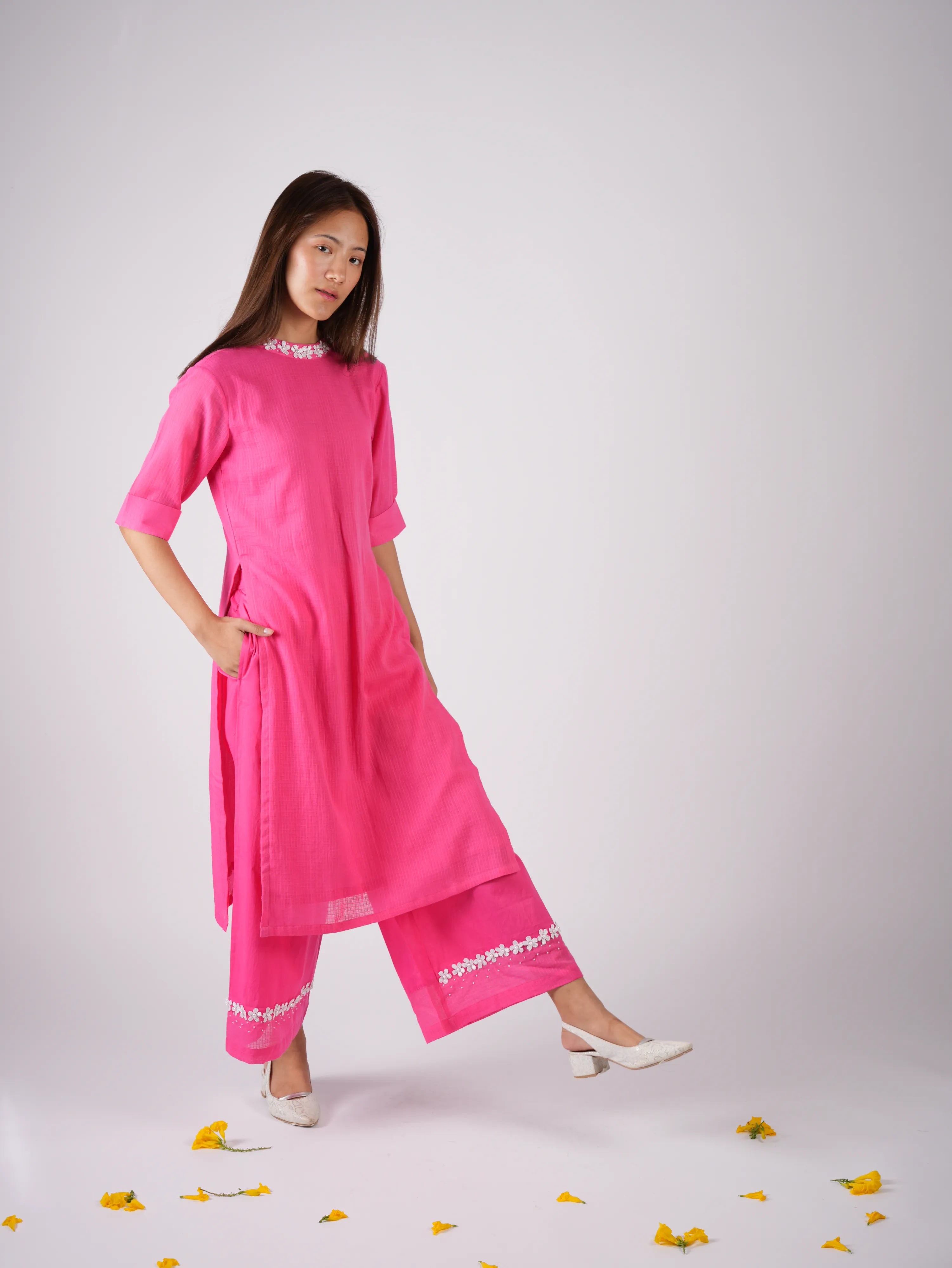 Embroidered Punch Pink kurta-pant with Scrunchies