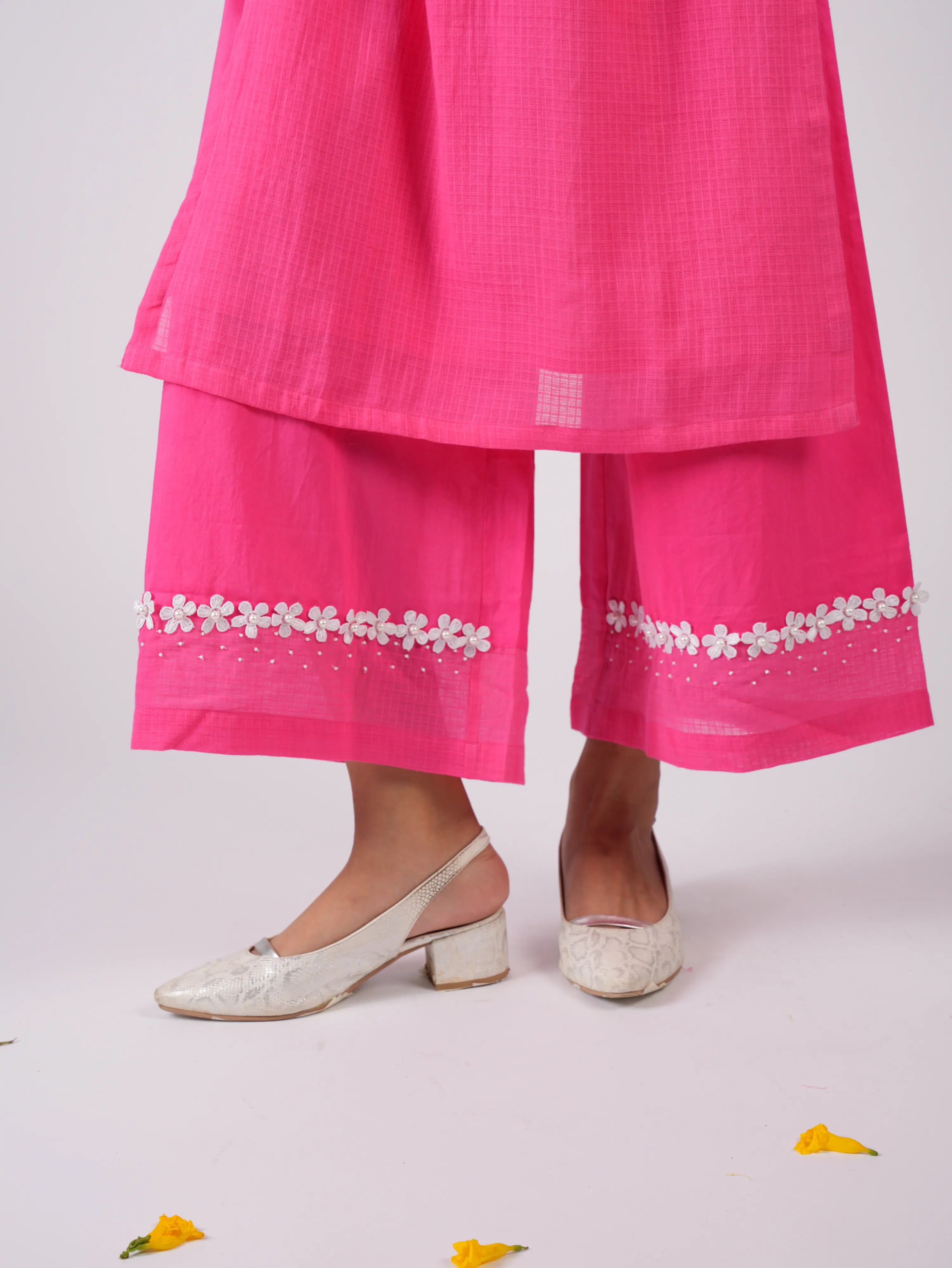 Embroidered Punch Pink kurta-pant with Scrunchies