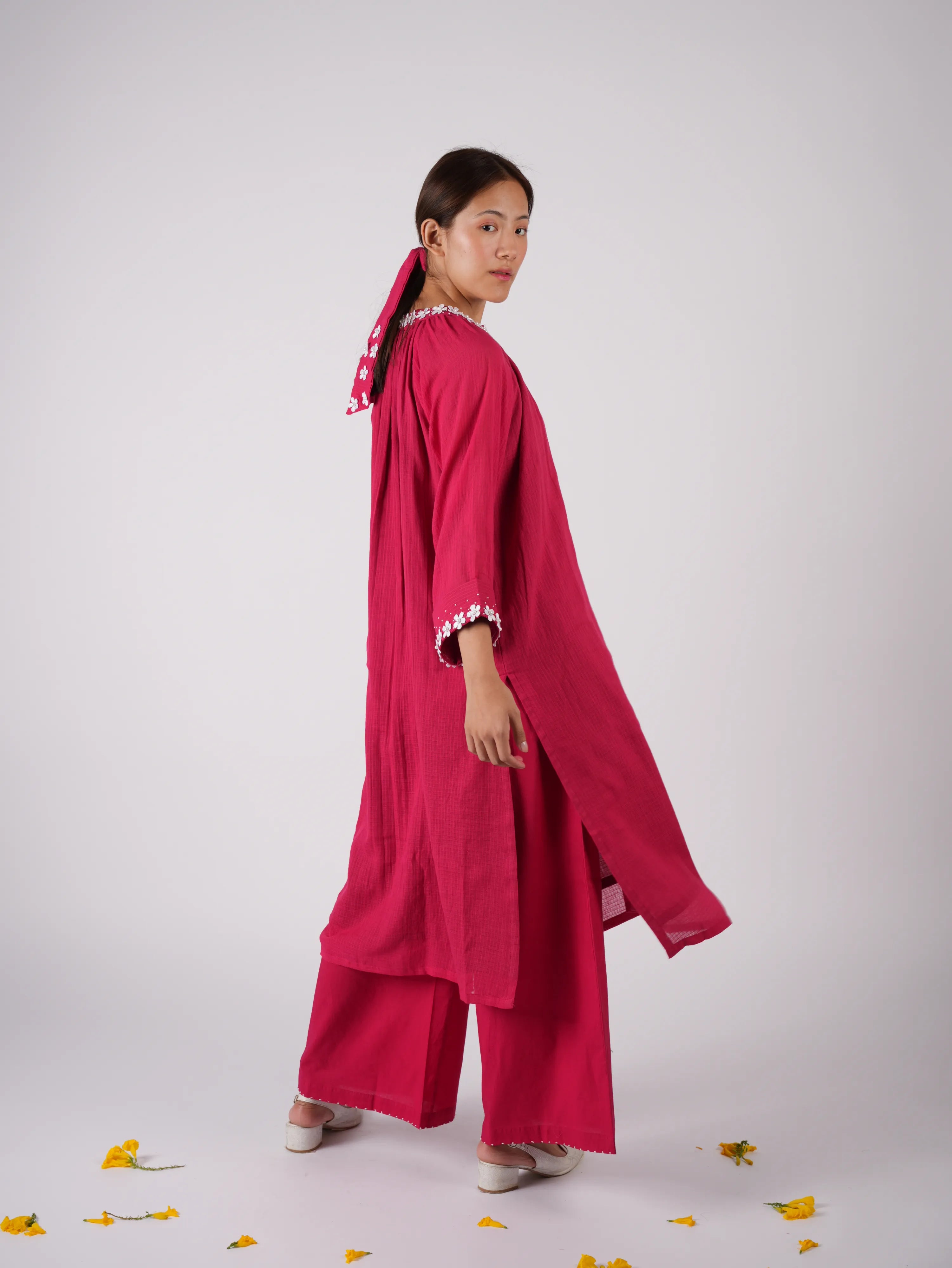 Embroidered Red kurta Palazzo with Scrunchies