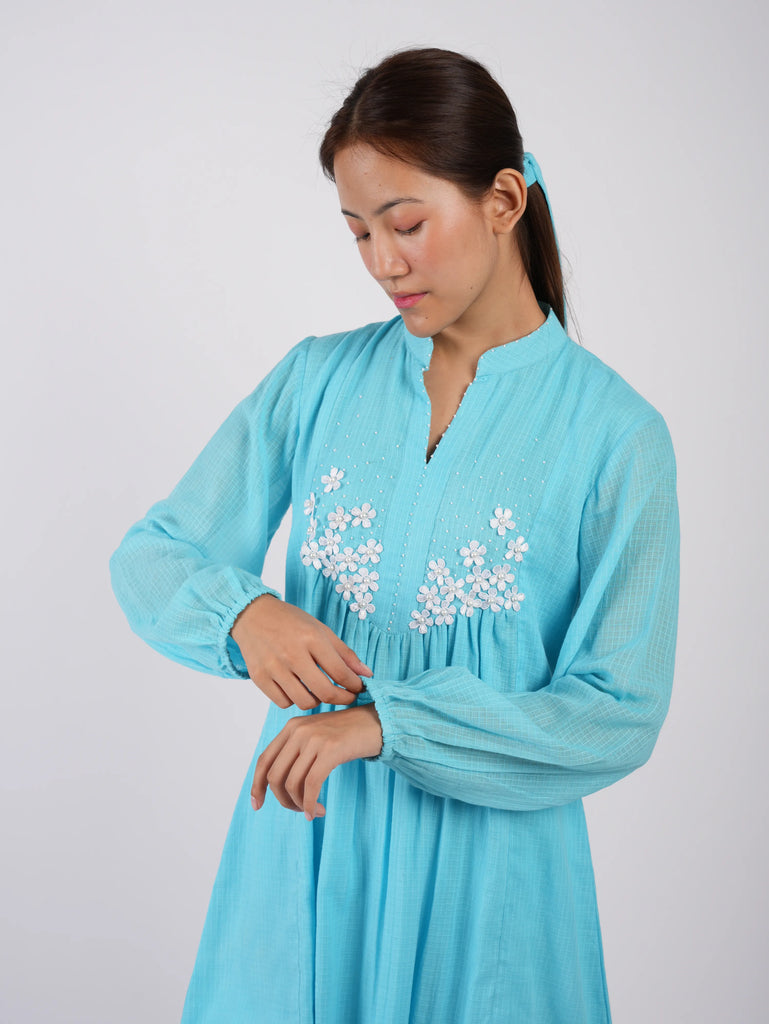 Embroidered Sky Blue Peplum Top Palazzo with Scrunchies