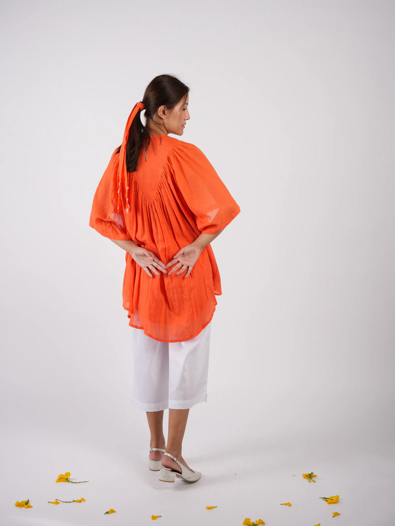 Embroidered Vivid Orange Asymmetric Top Palazzo with Scrunchies