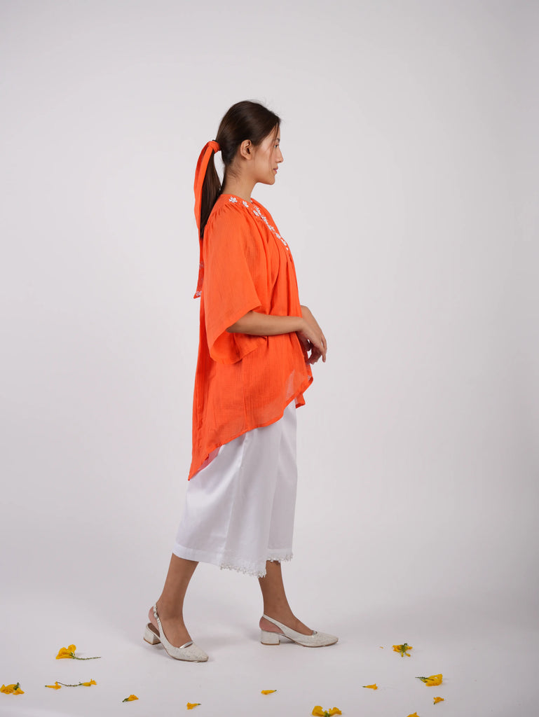 Embroidered Vivid Orange Asymmetric Top Palazzo with Scrunchies
