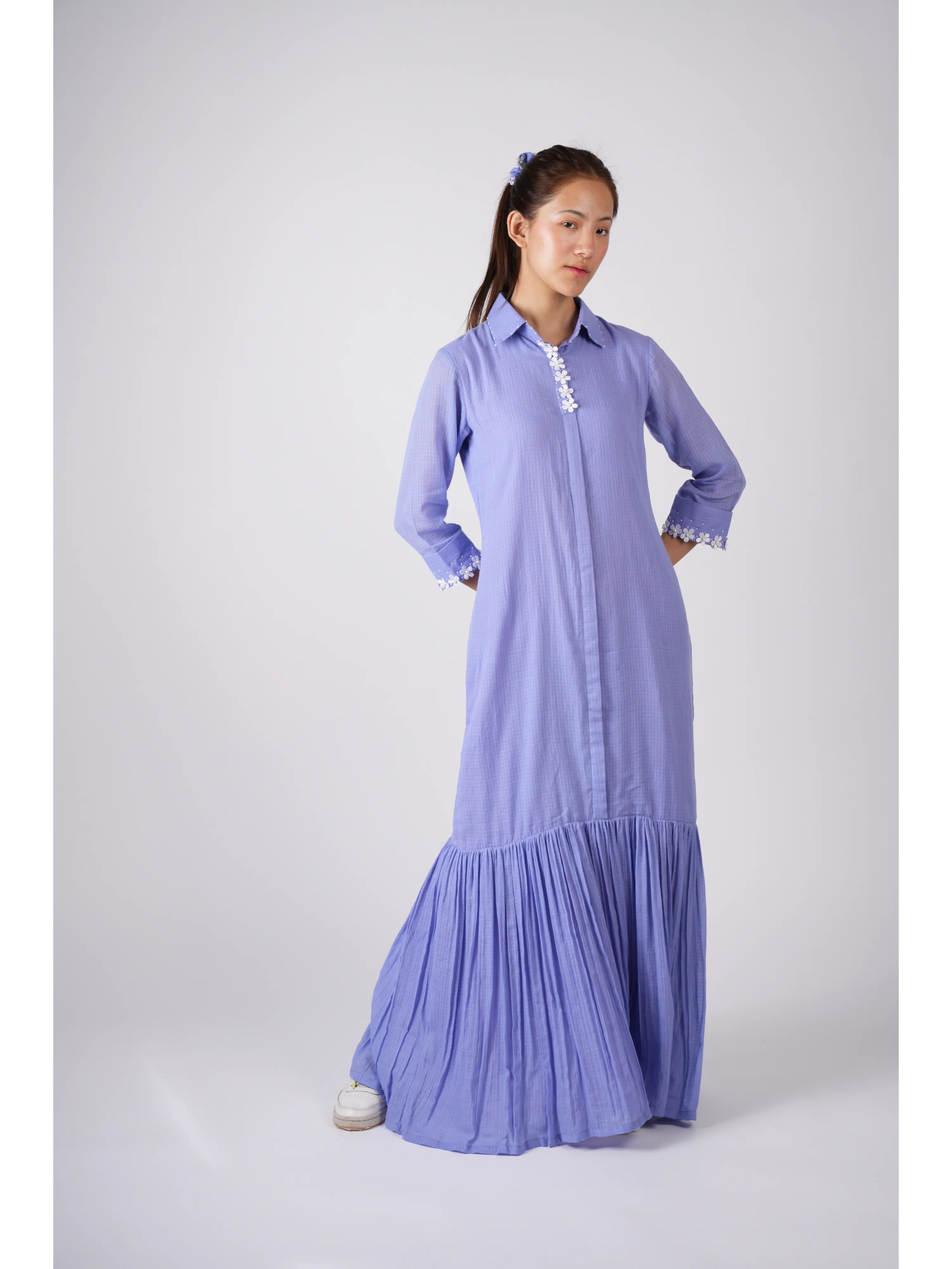 Embroidered Lavender Maxi Dress with Scrunchies