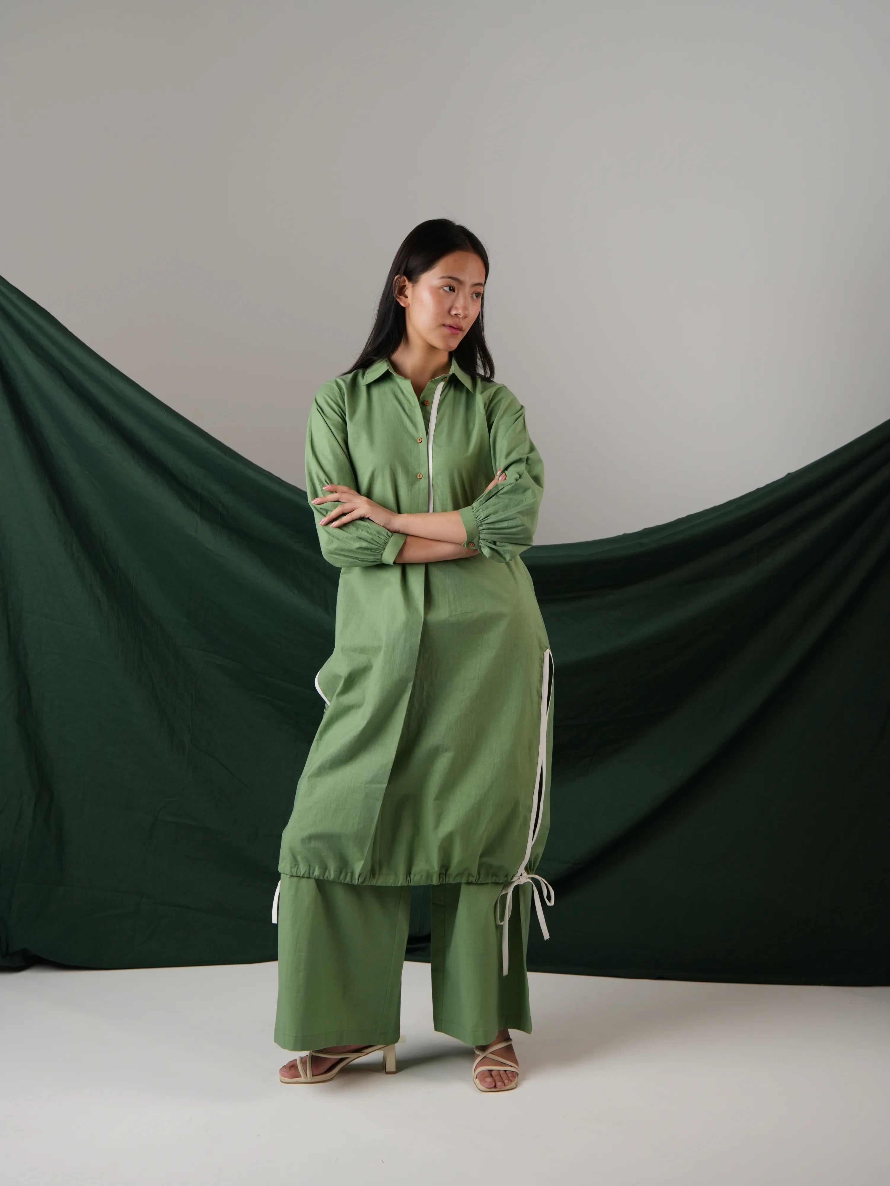 Vanshitaaz Sage Green Cotton Co-ord set with White Stripes Detailing