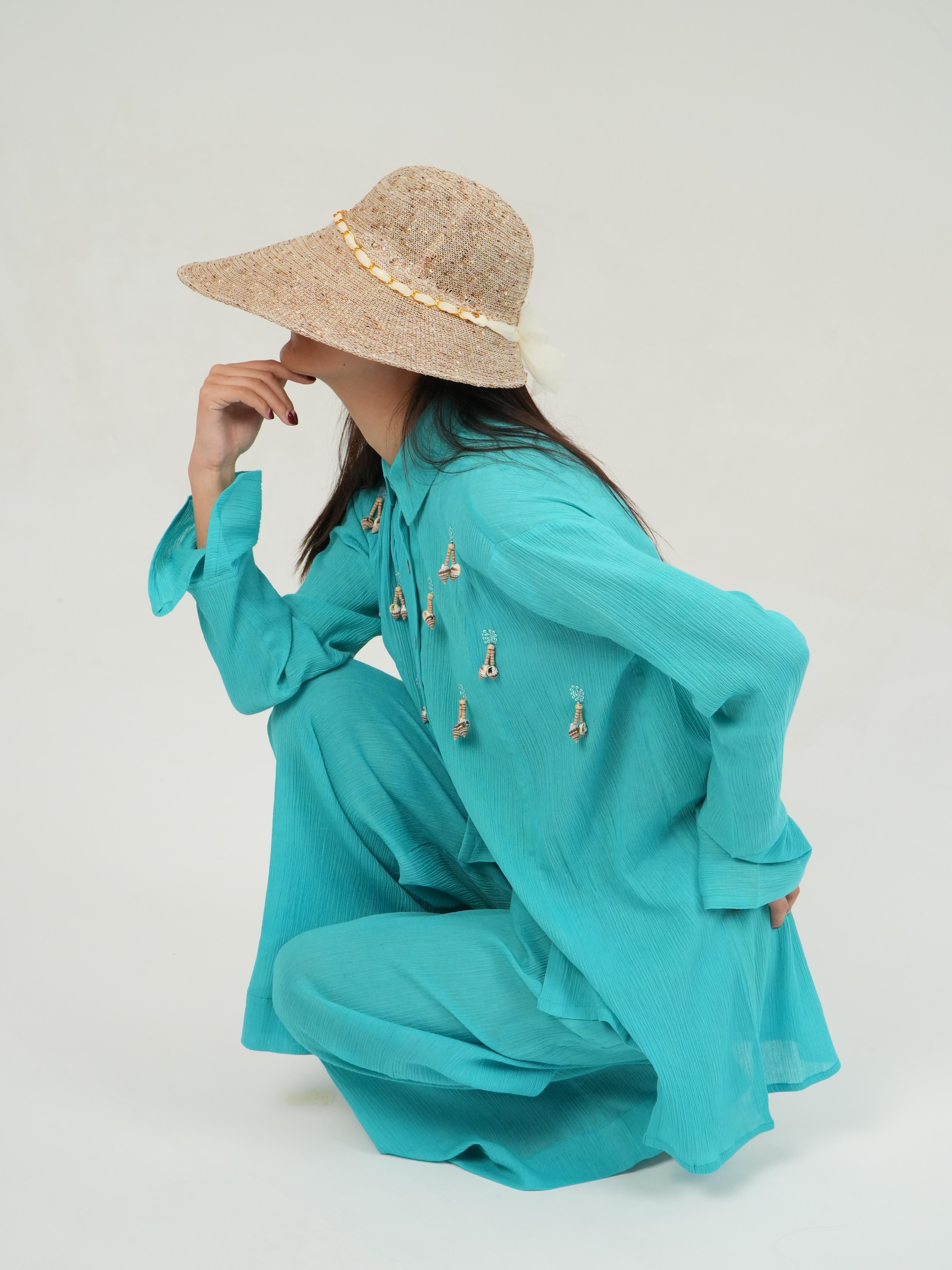 Vanshitaaz Turquoise Crinkled Cotton Top