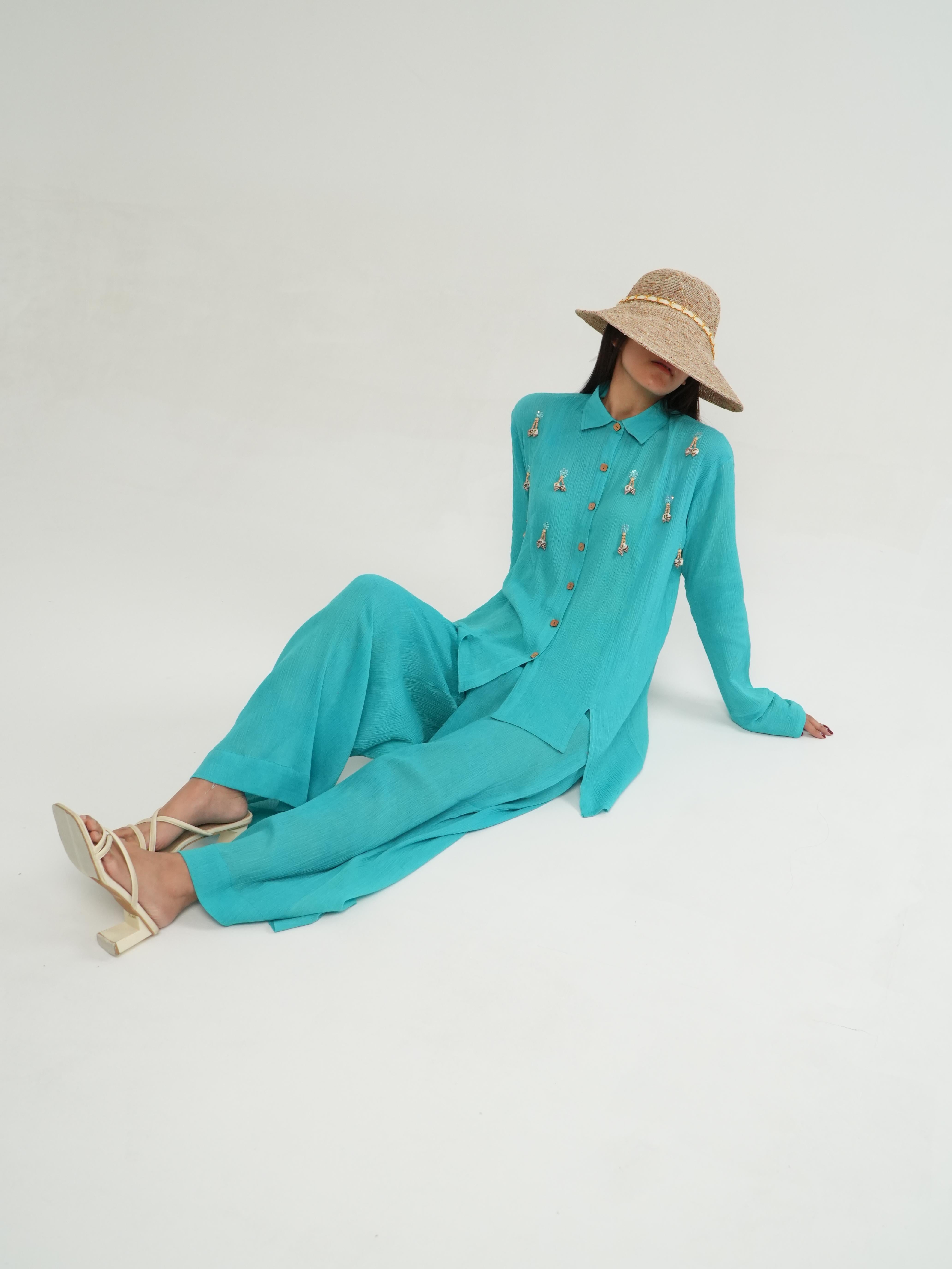 Vanshitaaz Turquoise Crinkled Cotton Top