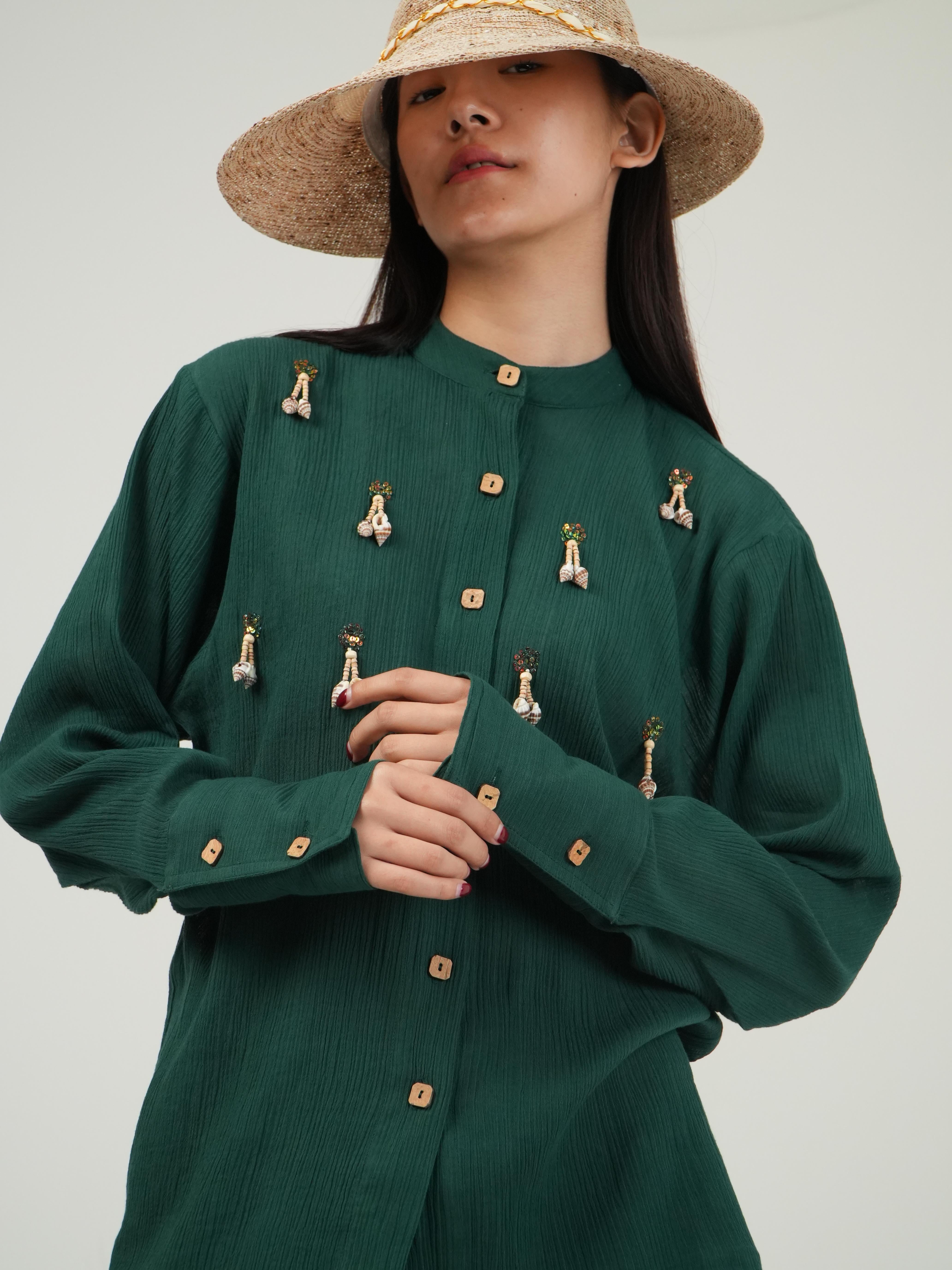 Vanshitaaz Racing Green Crinkled Cotton Top
