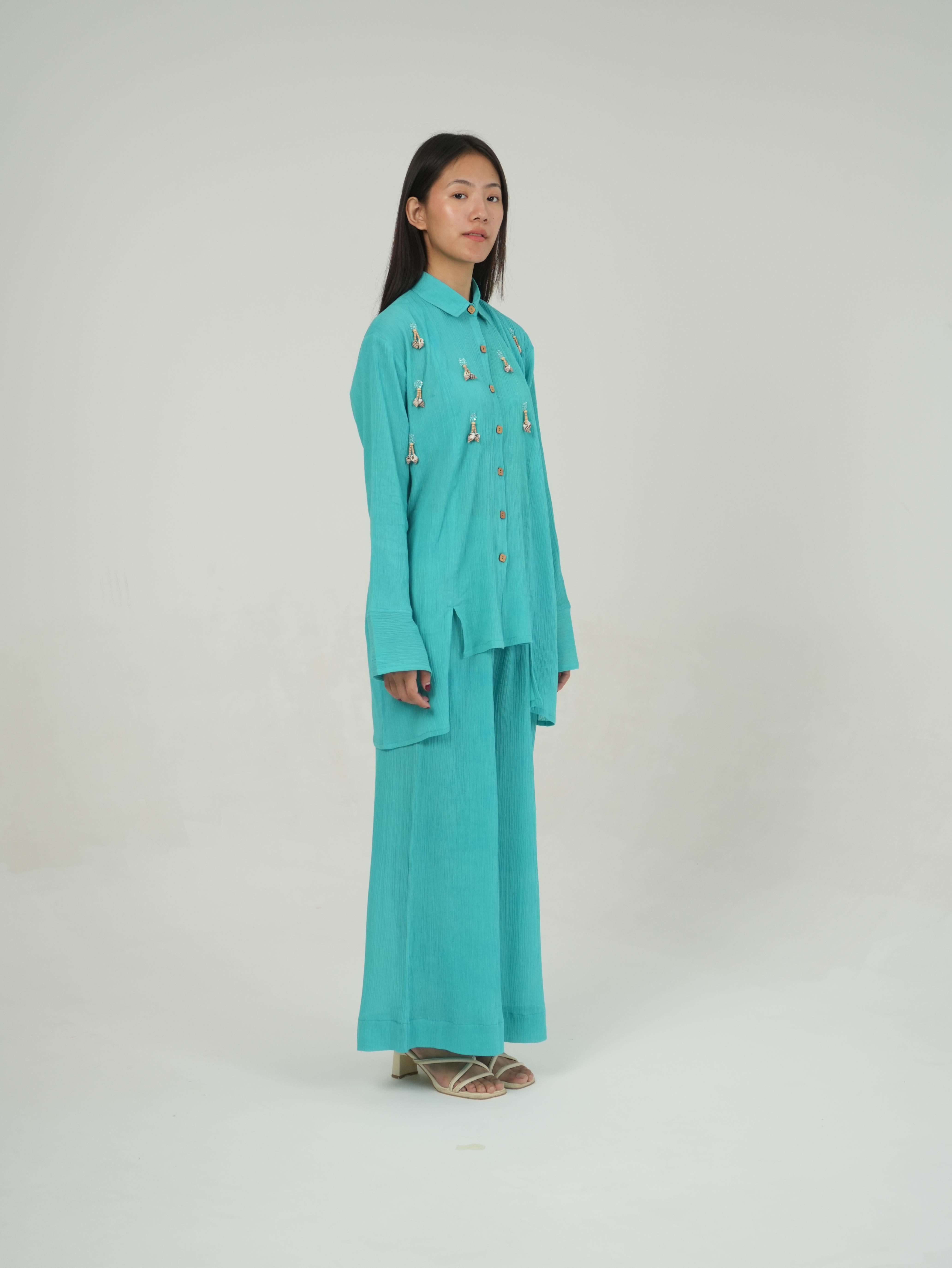 Vanshitaaz Turquoise Crinkled Cotton Top