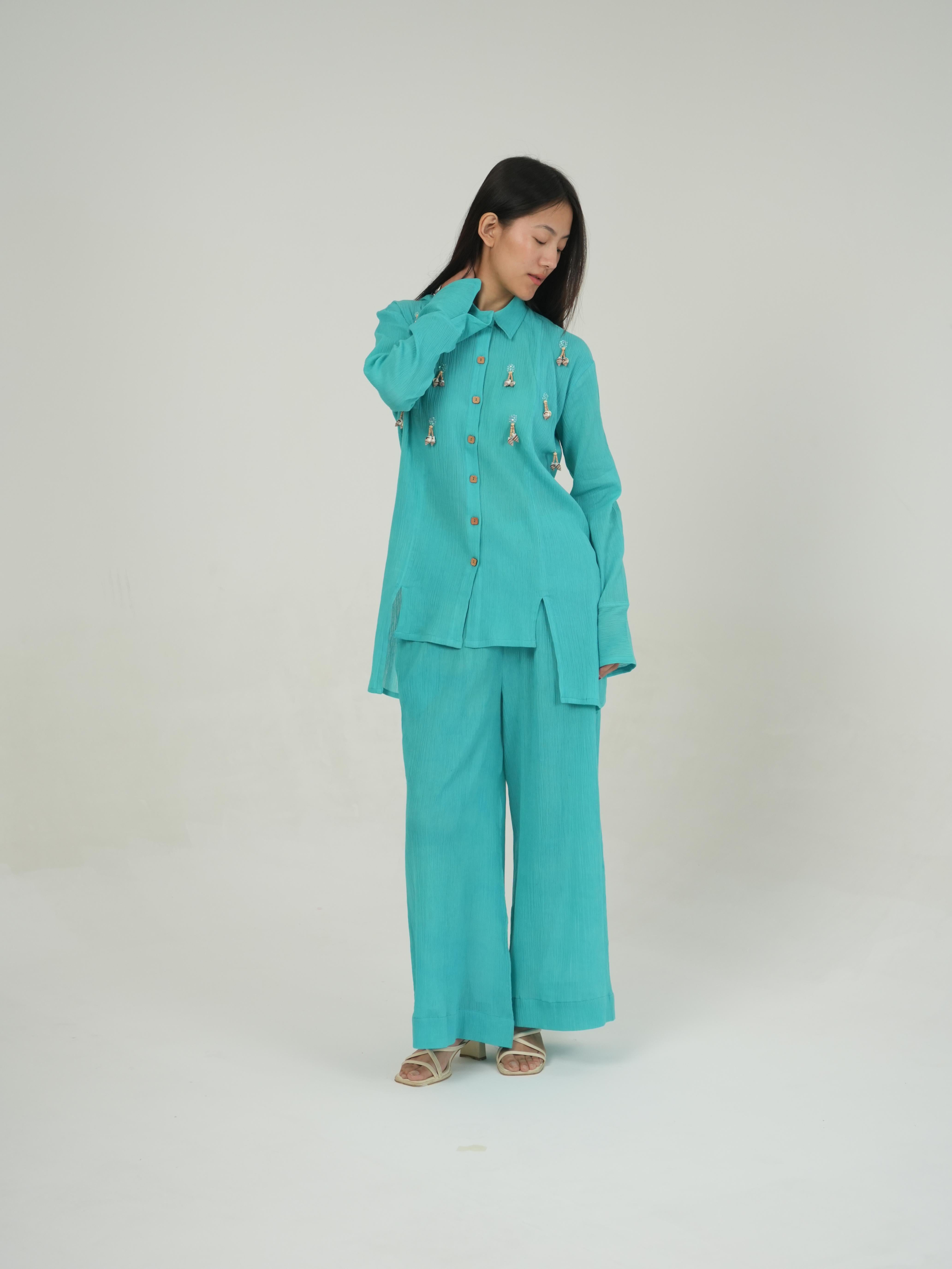 Vanshitaaz Turquoise Crinkled Cotton Top