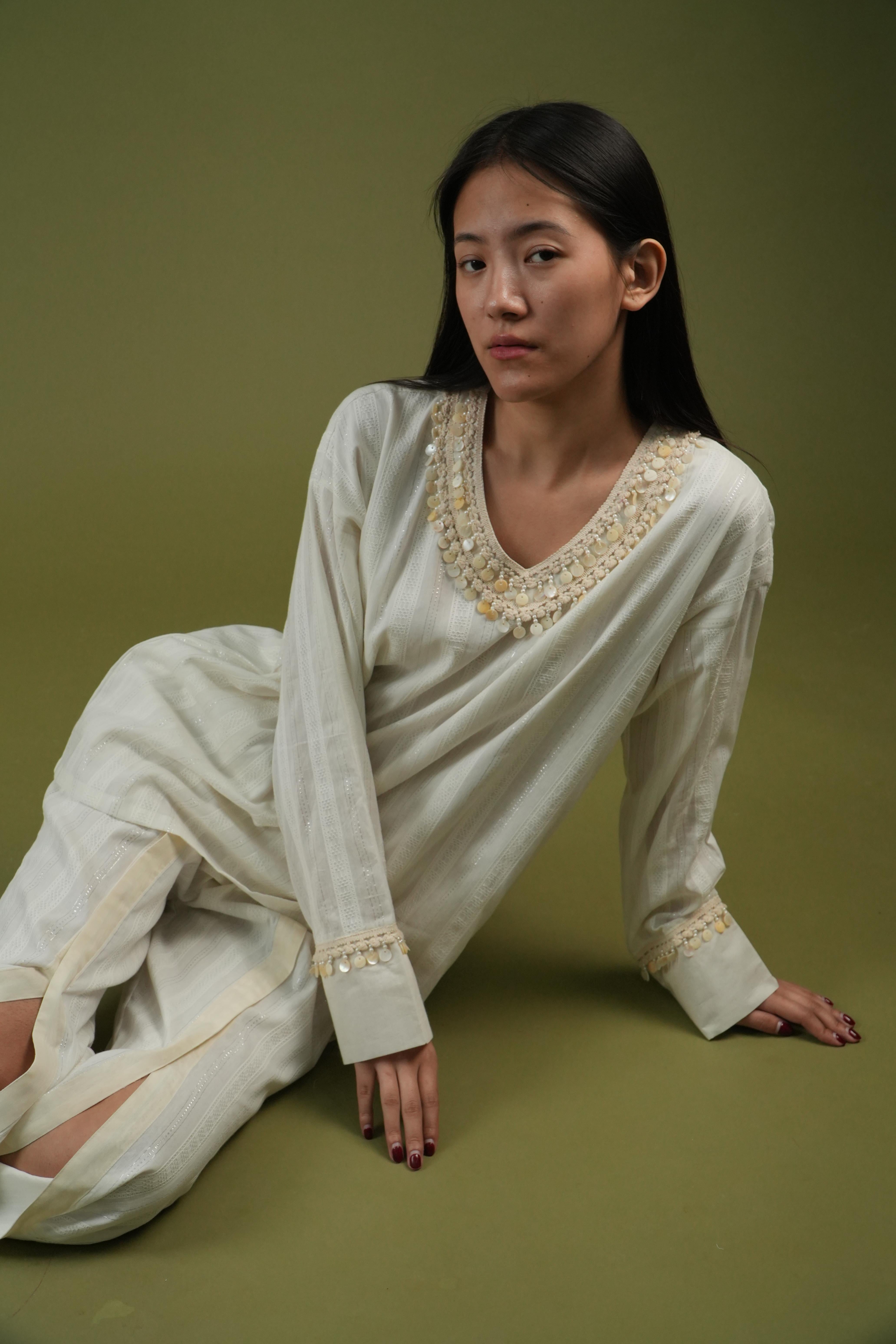 Vanshitaaz Ivory Essence Embroidered Tunic & Slit Pants Set