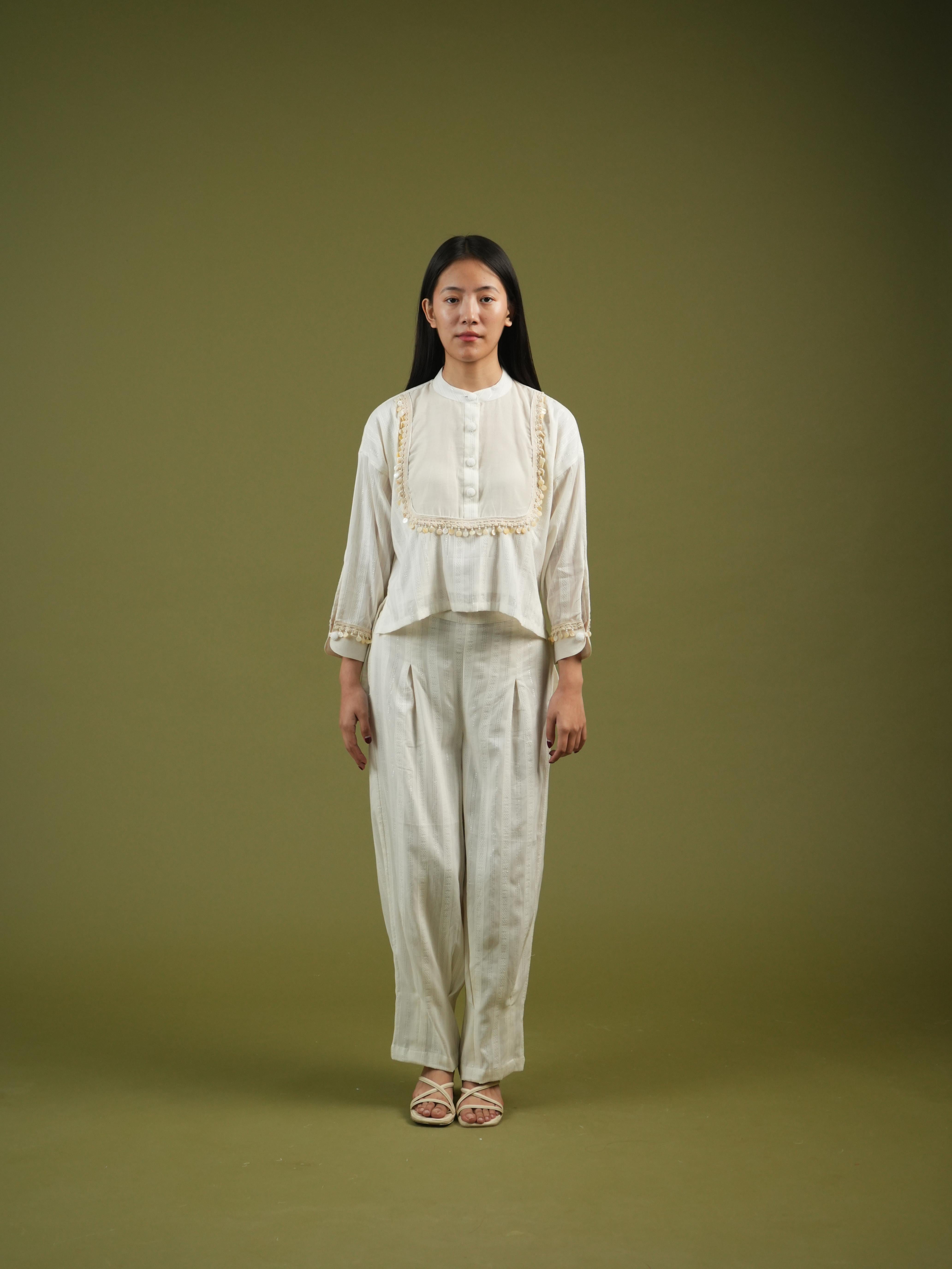 Vanshitaaz Ivory Grace Embroidered Shirt & Pleated Pants Set