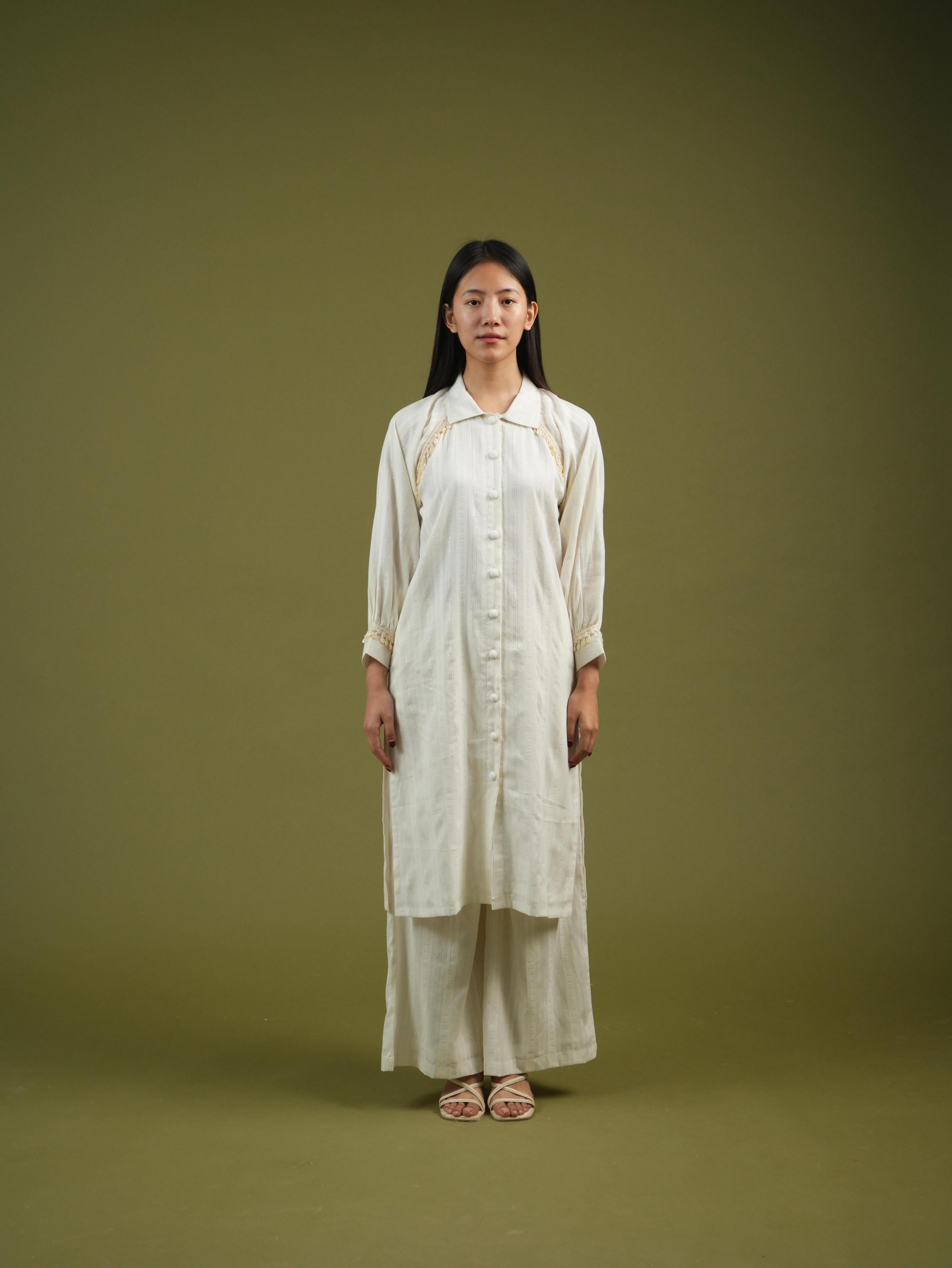 Vanshitaaz Ivory Longline Button-Down Shirt & Wide-Leg Pants Set