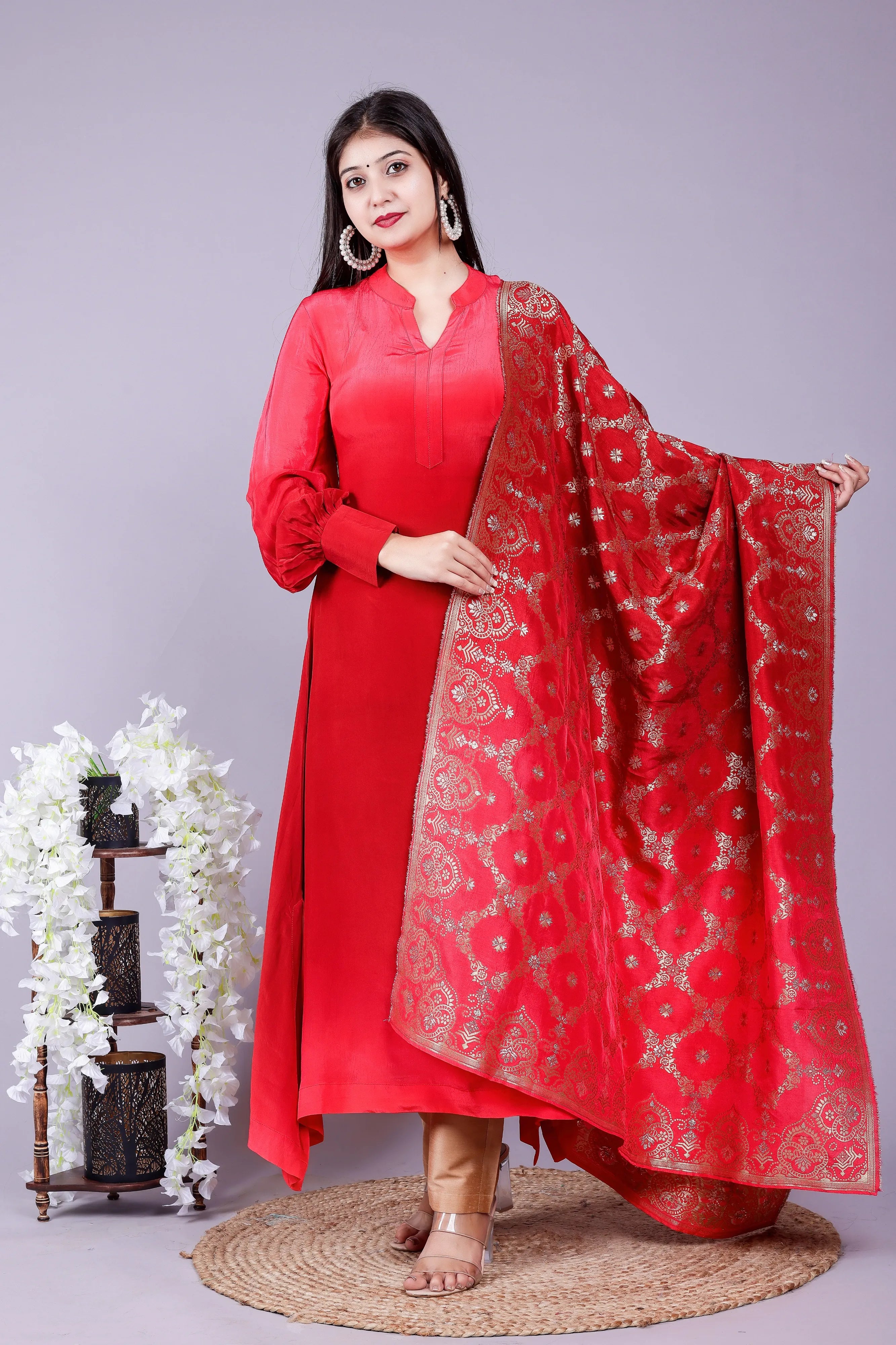 Ombre Maroon Pink Kurta-Pant with Brocade Dupatta