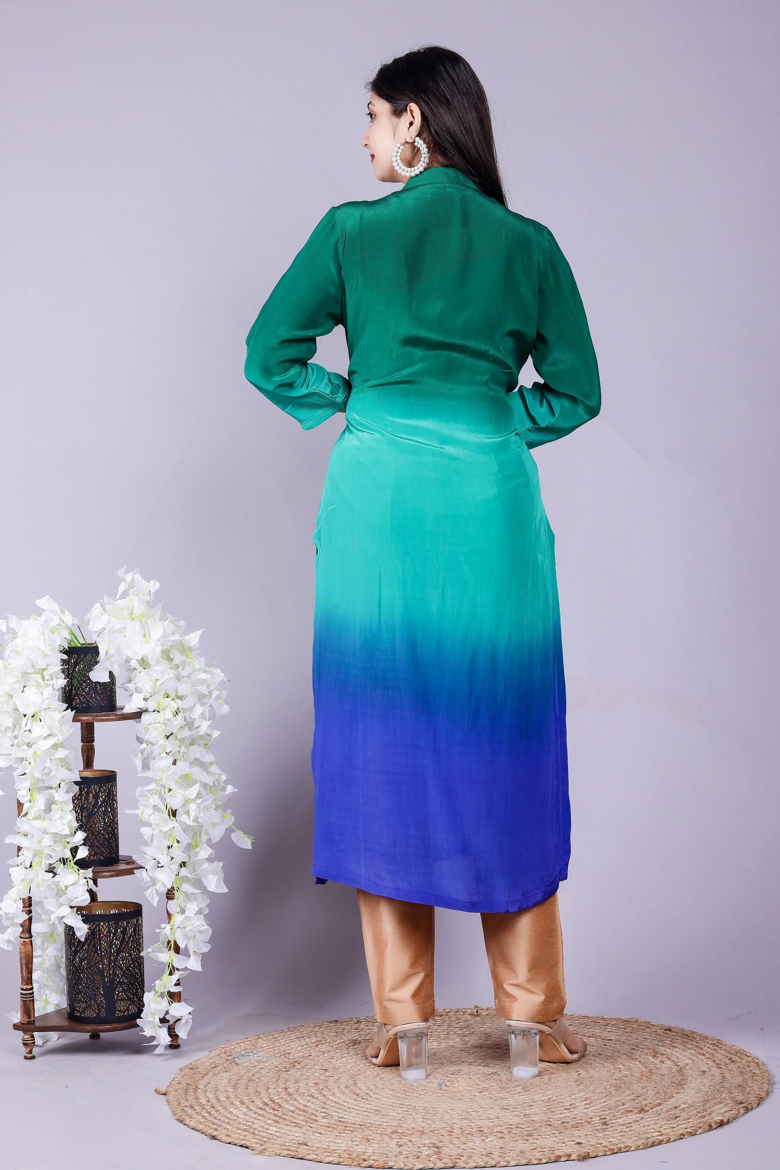 Ombre Bottle green Kurta Pant Brocade Dupatta