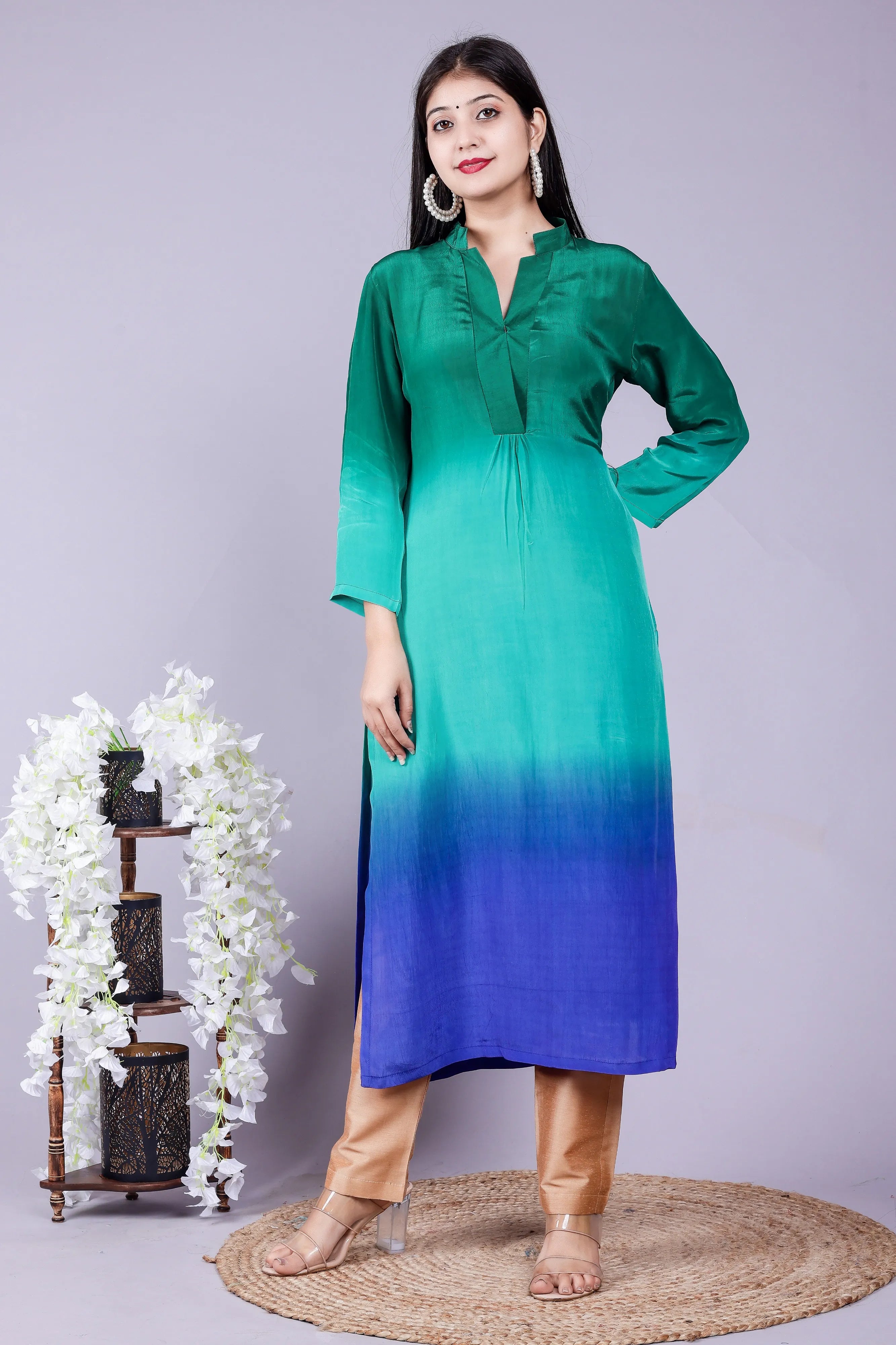 Ombre Bottle green Kurta Pant Brocade Dupatta