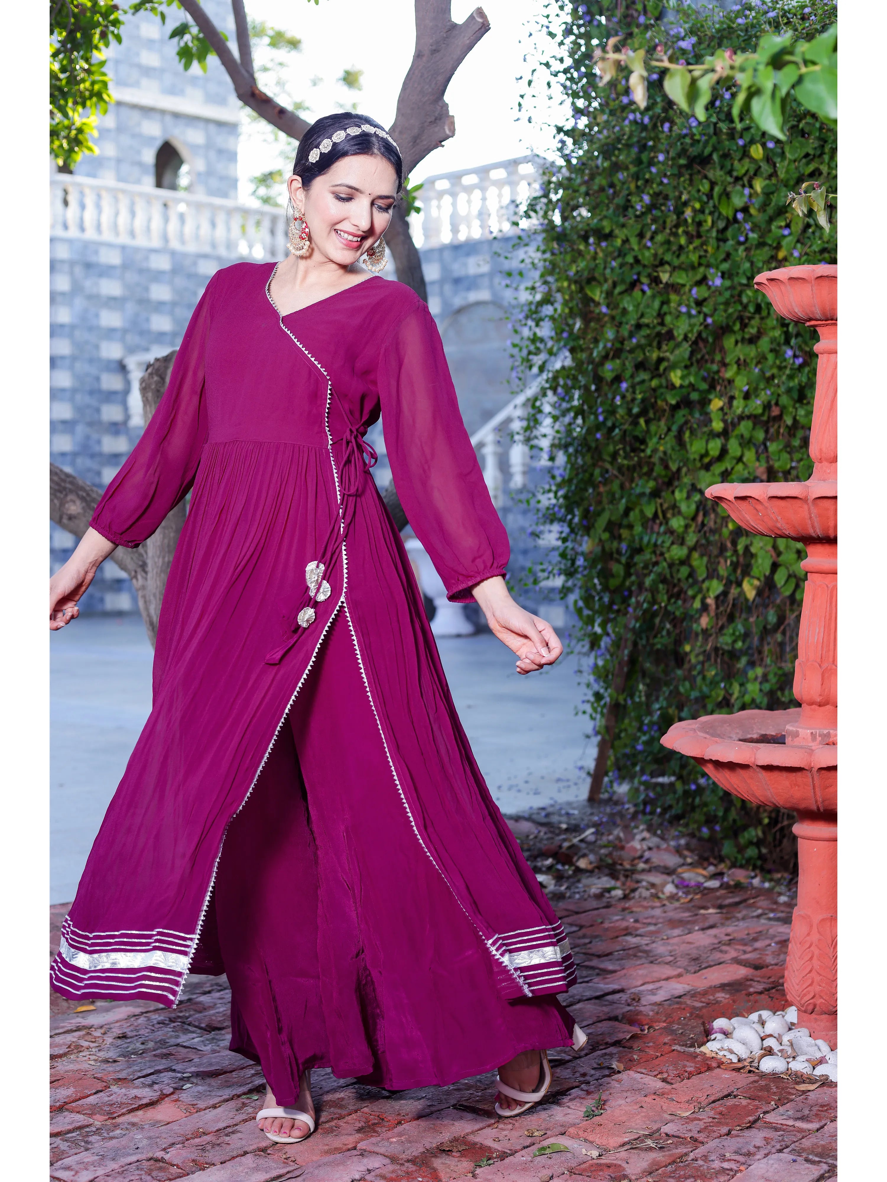 Magenta Angrakha plazo with organza dupatta