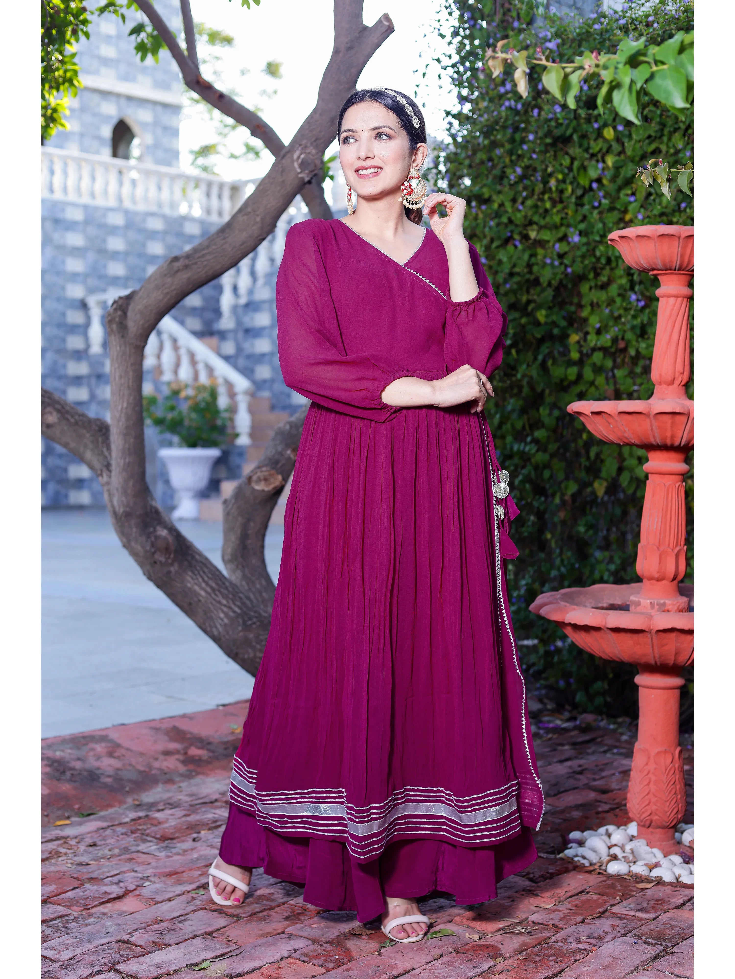 Magenta Angrakha plazo with organza dupatta
