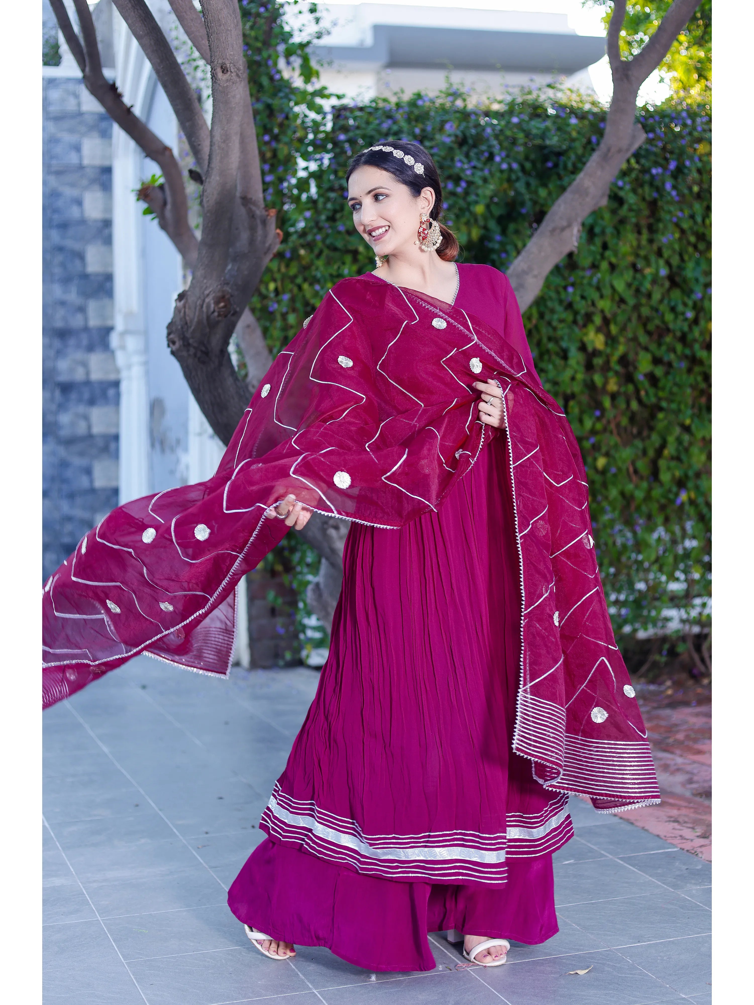 Magenta Angrakha plazo with organza dupatta