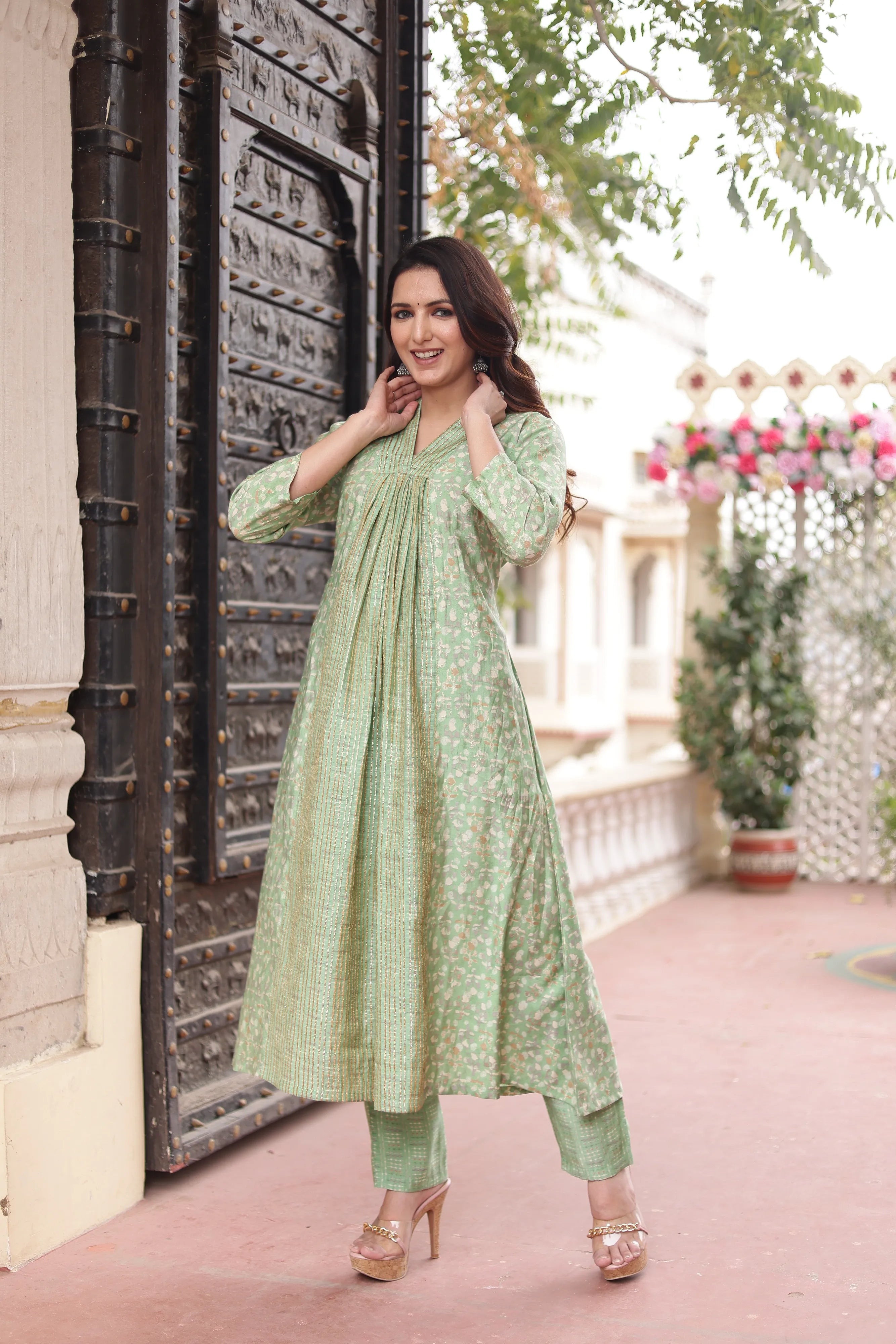 Pista Green V-Neck kurta-Pant Dupatta