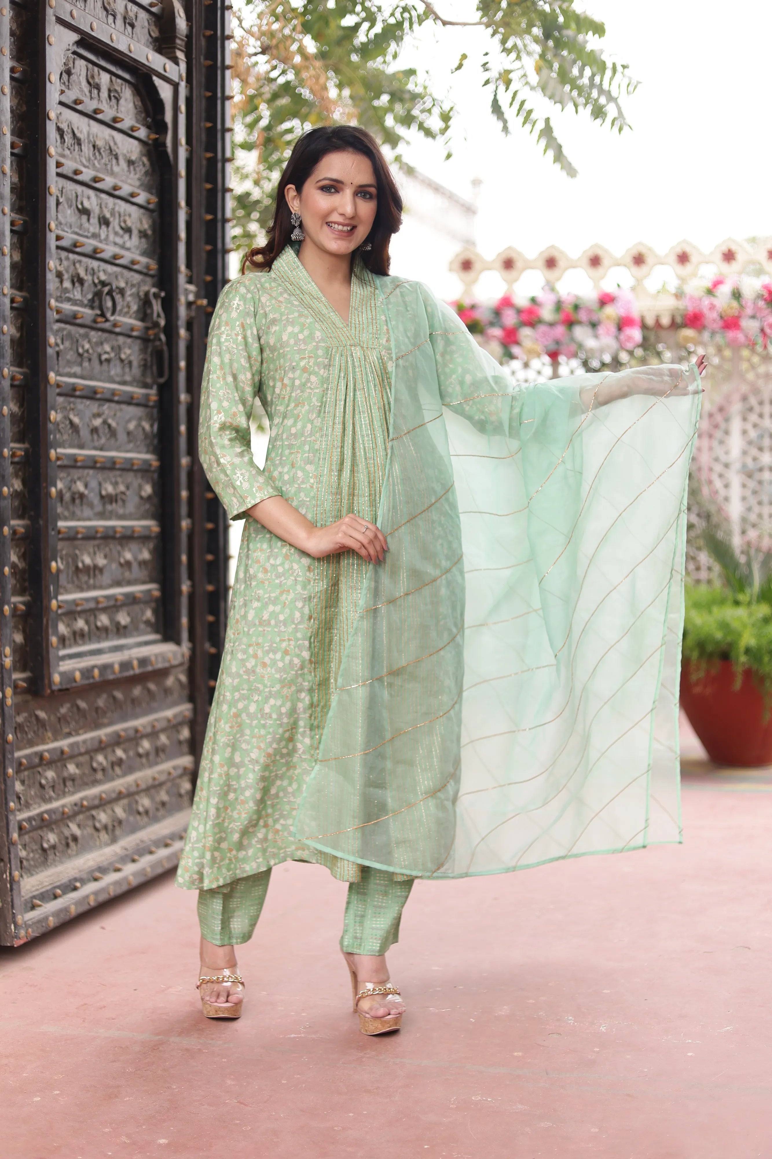 Pista Green V-Neck kurta-Pant Dupatta