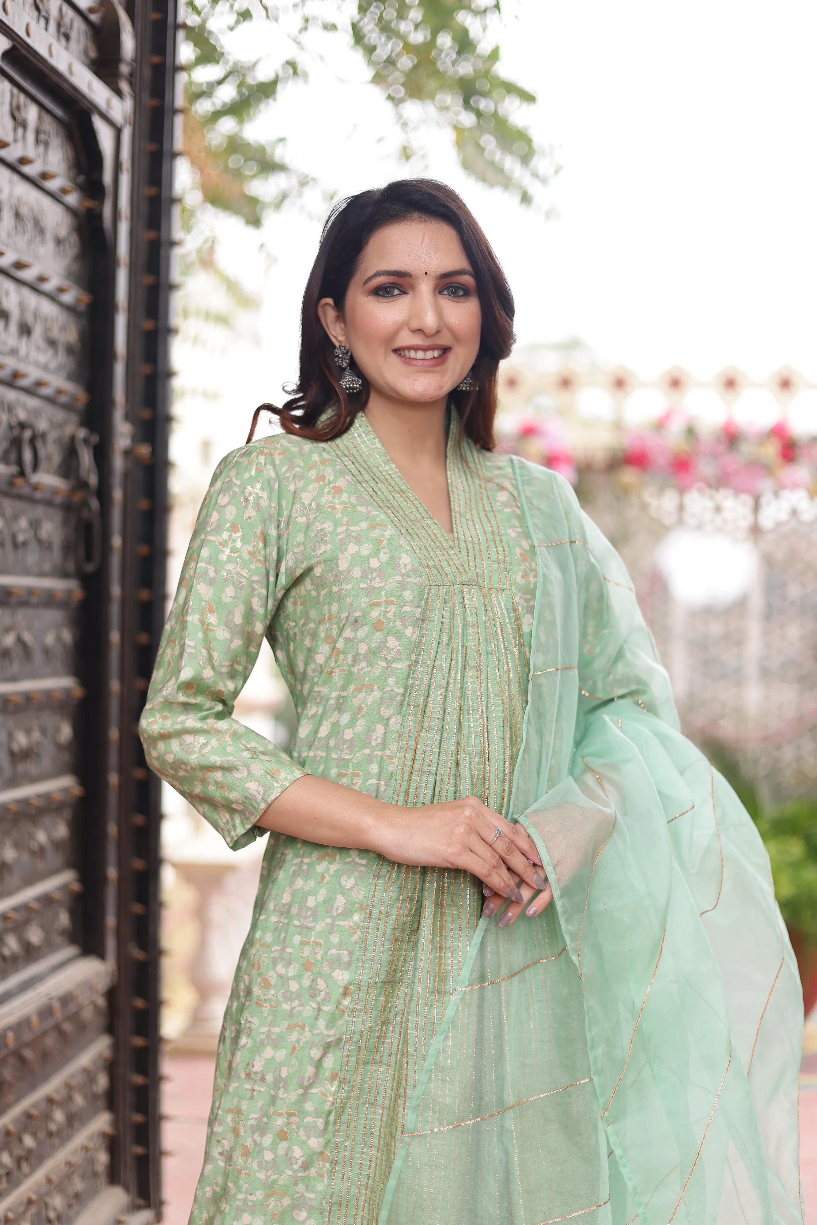 Pista Green V-Neck kurta-Pant Dupatta
