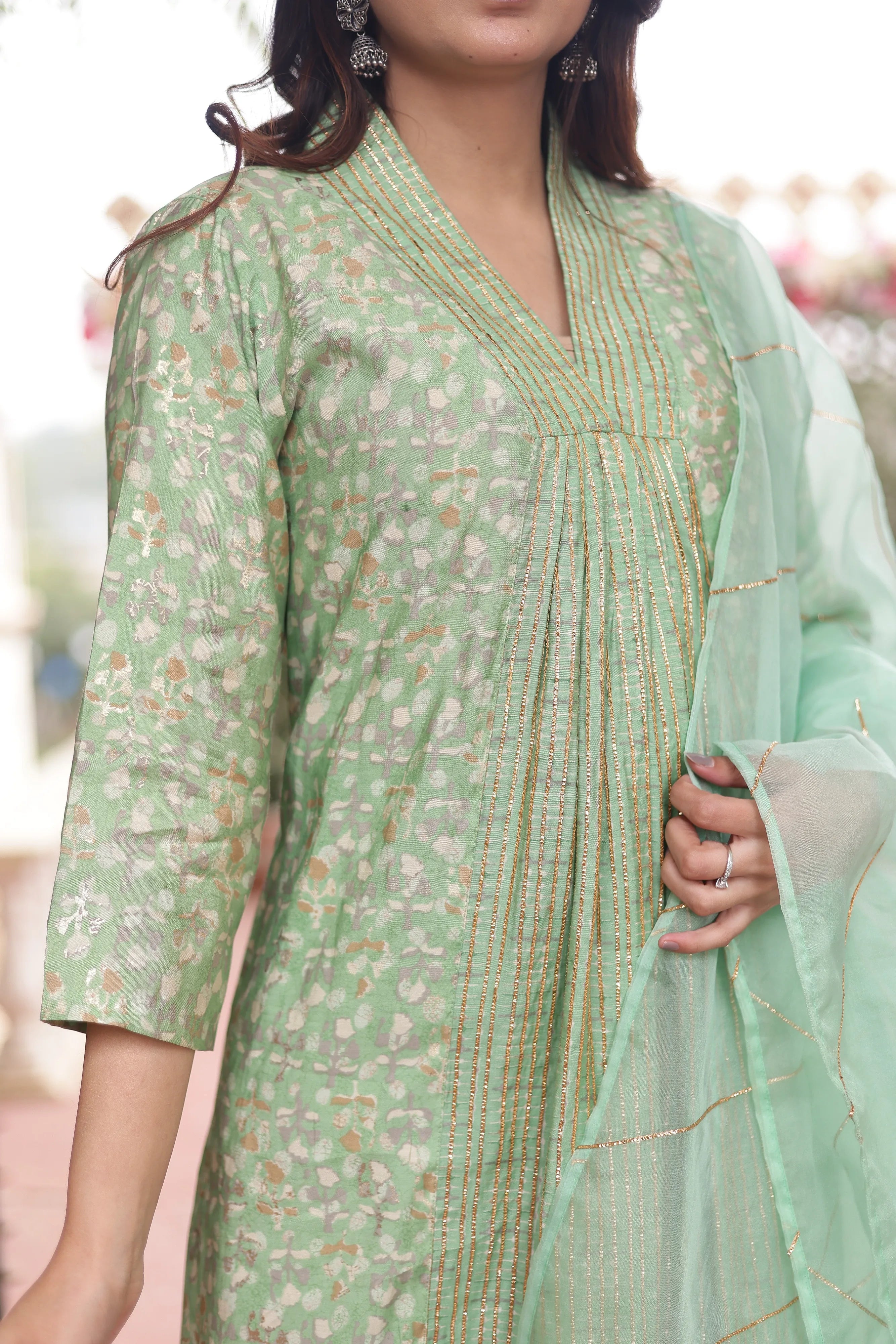 Pista Green V-Neck kurta-Pant Dupatta