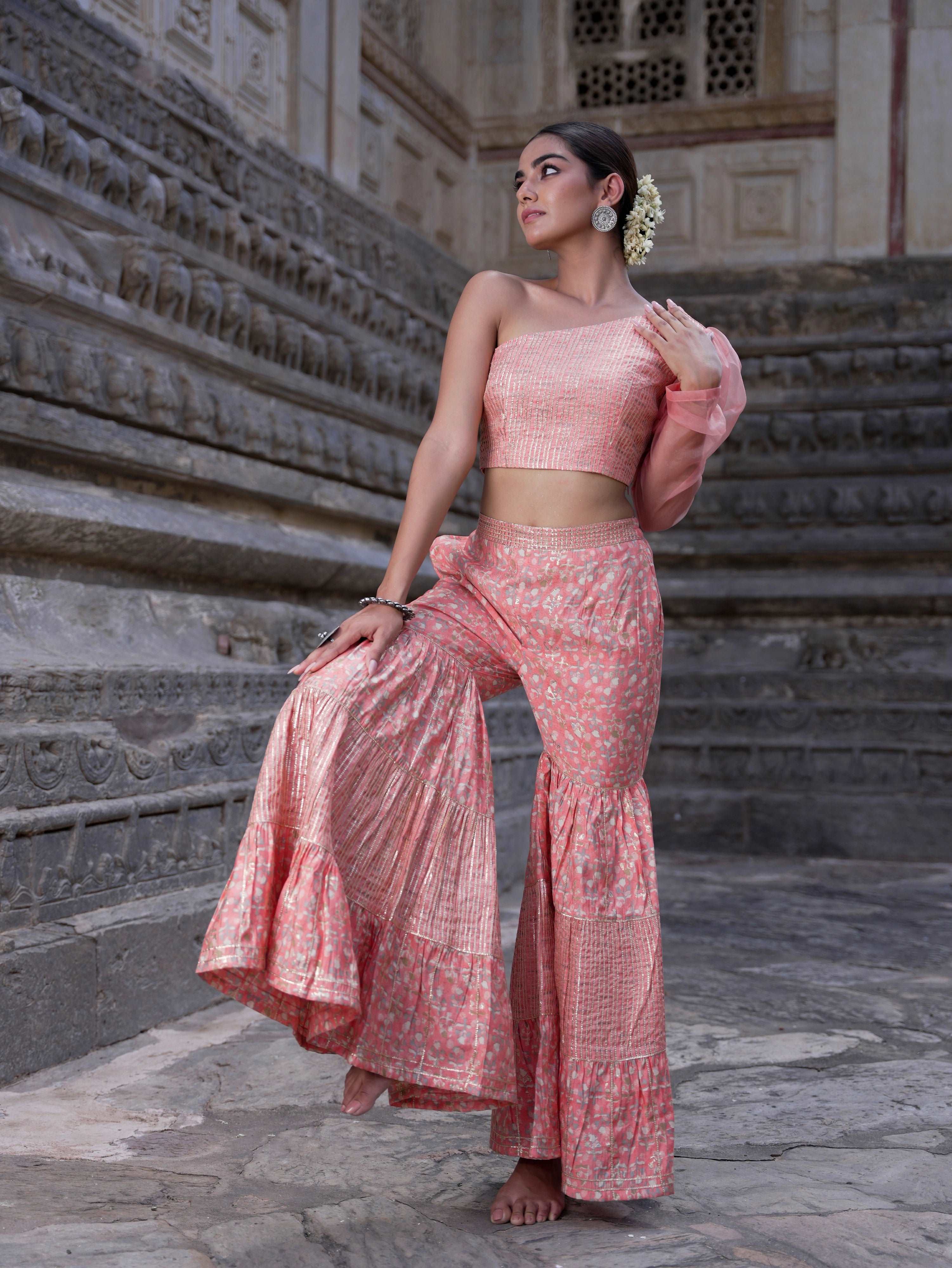 Gharara with organza sleeve crop top
