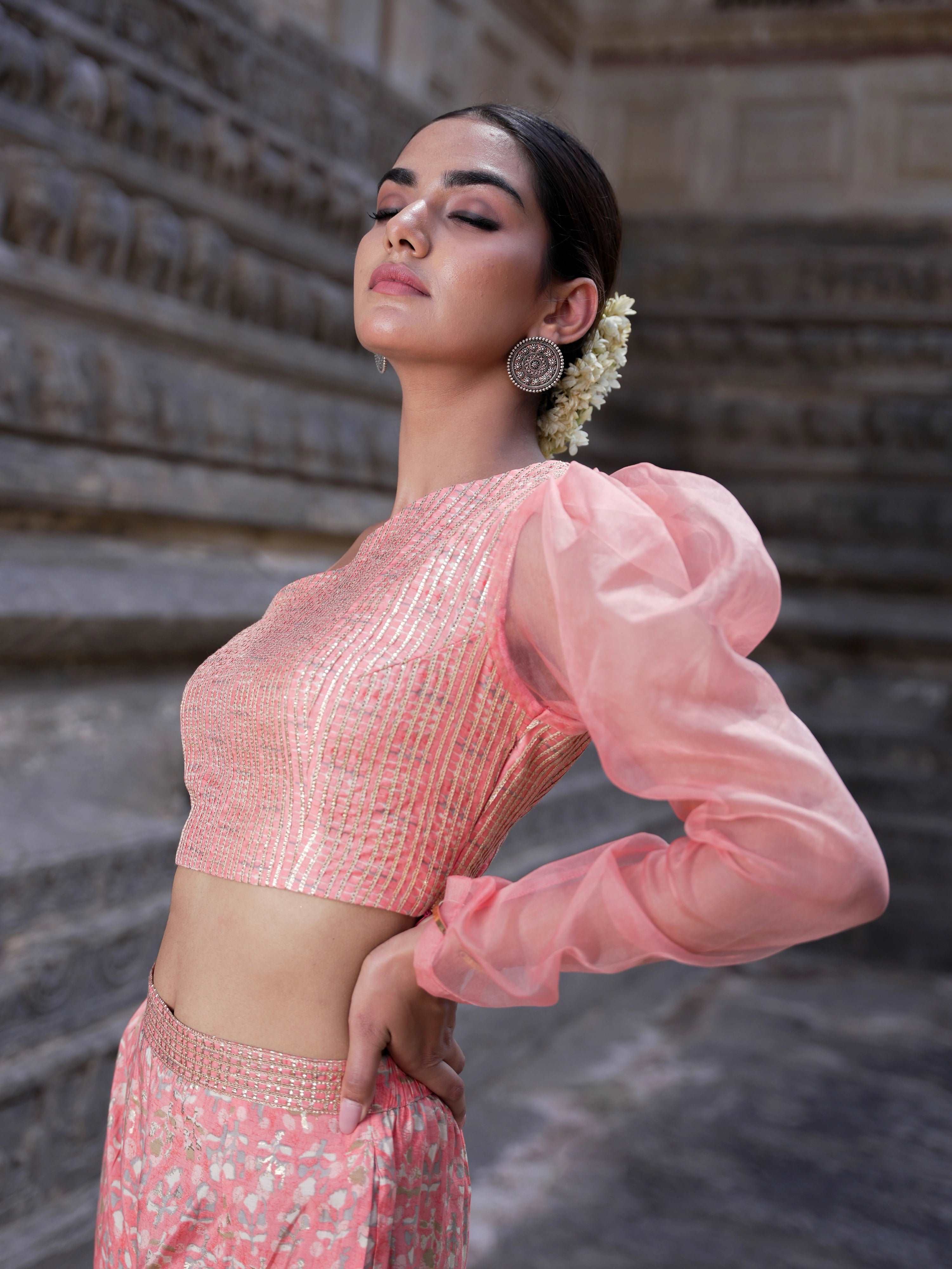 Gharara with organza sleeve crop top