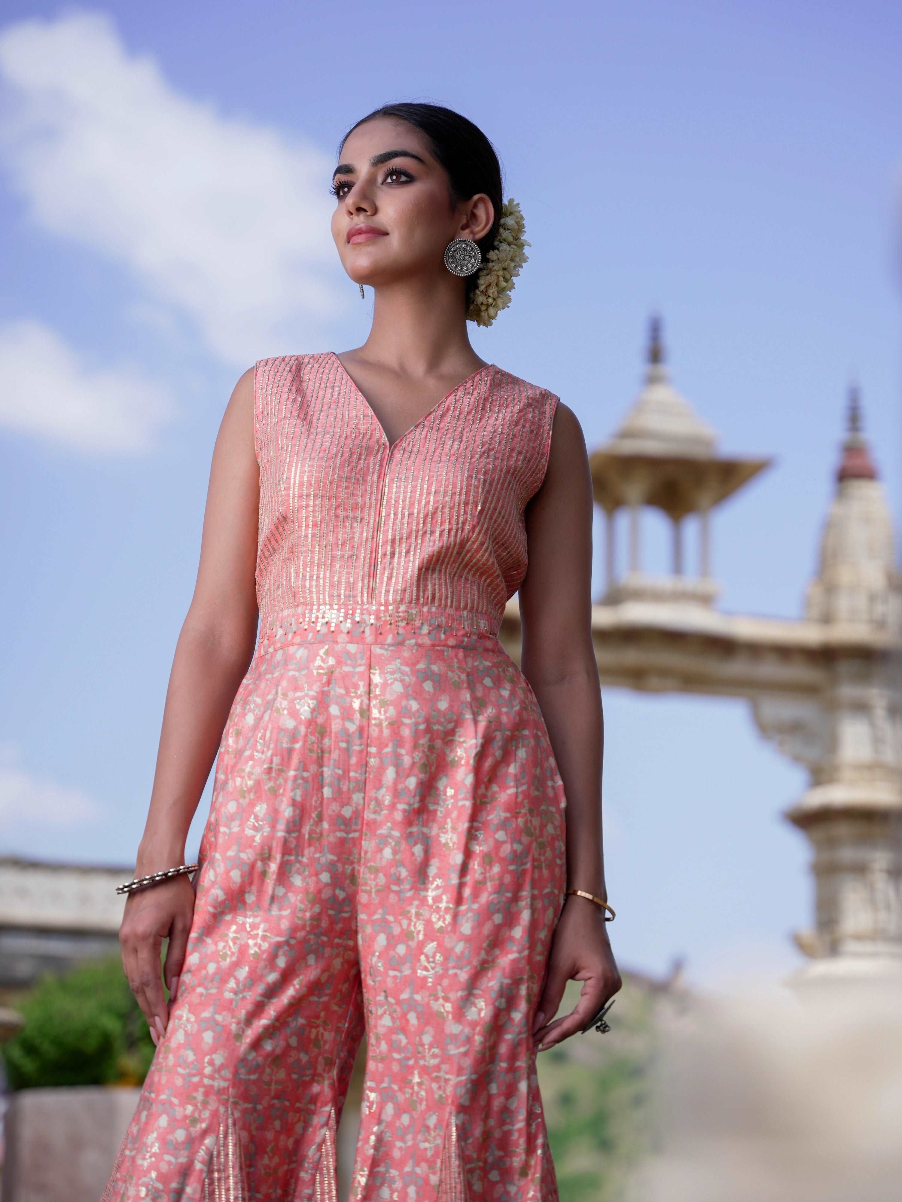Peach modal chanderi Jumpsuit with Potli bag