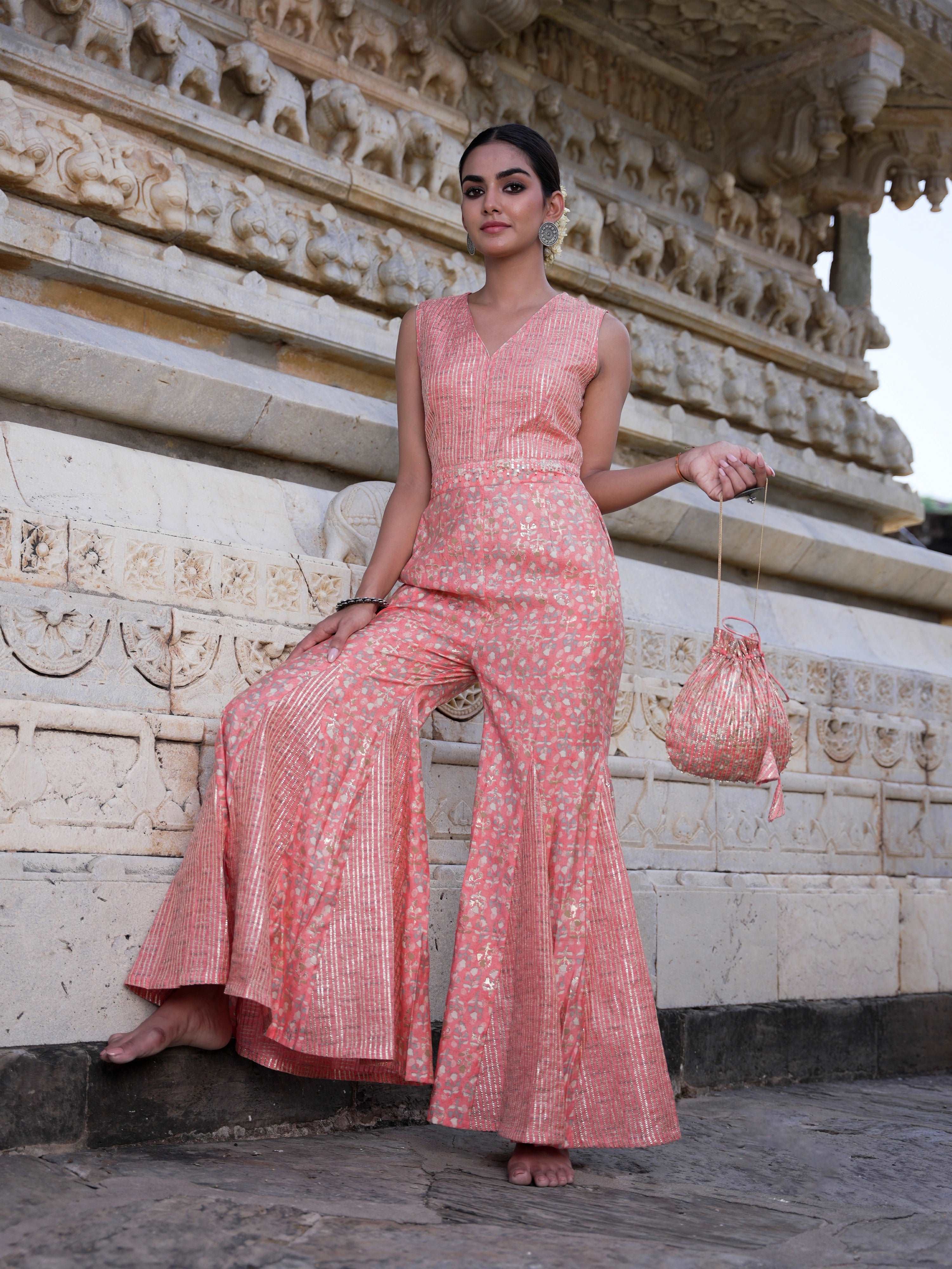 Peach modal chanderi Jumpsuit with Potli bag