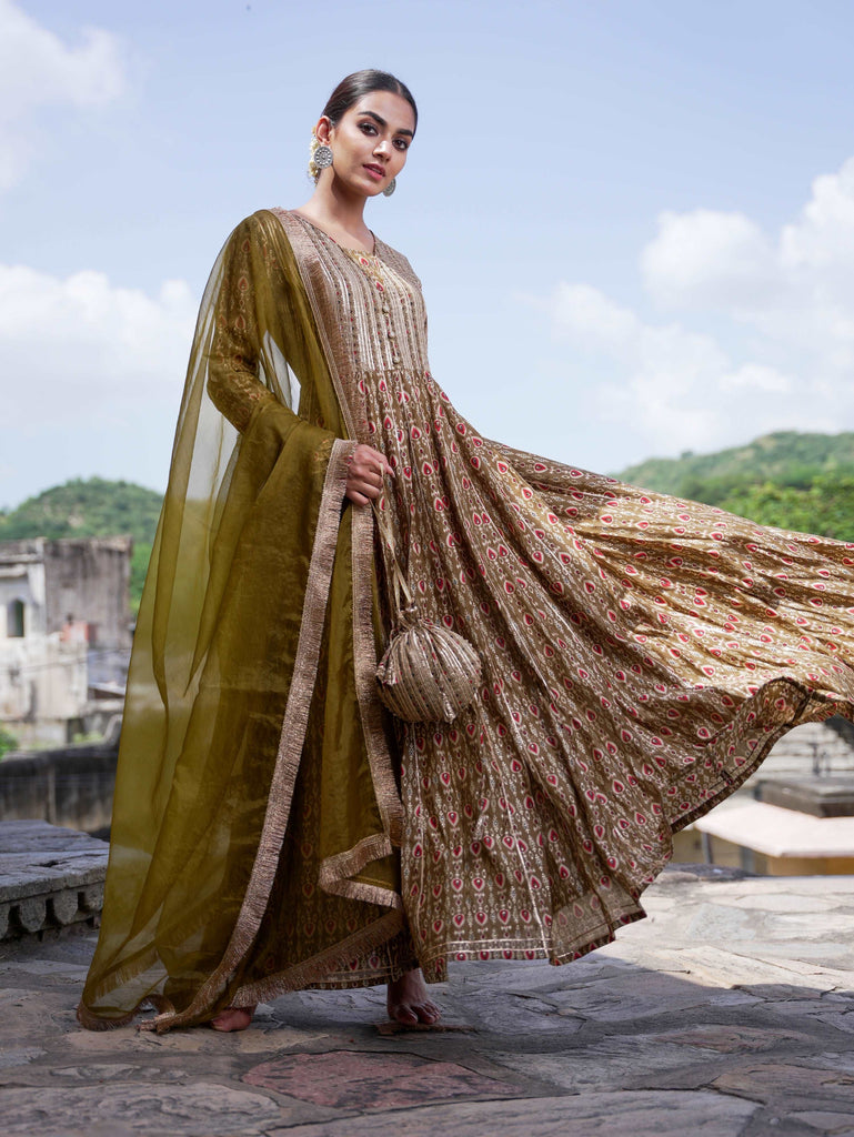 Maslin Silk Anarkali dupatta with potli bag